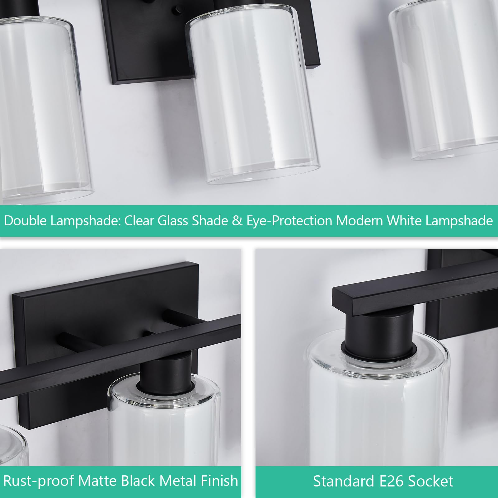 Bathroom Light Fixtures, 3 Lights Matte Black Vanity Light With White Glass And Clear Glass Lampshade, Modern Bathroom Vanity Lights Over Mirror, Bath Wall Sconces Lighting For Living Room Hallway
