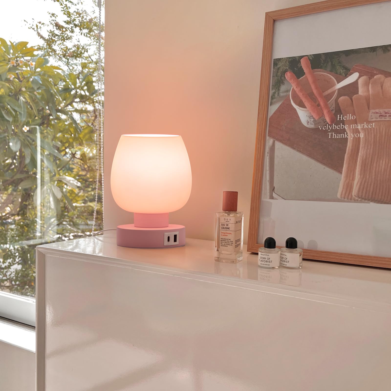 ONEWISH Touch Bedside Table Lamp - 3 Way Dimmable, Glass Shade, USB Charging, Pink, Model 13TAB052USC