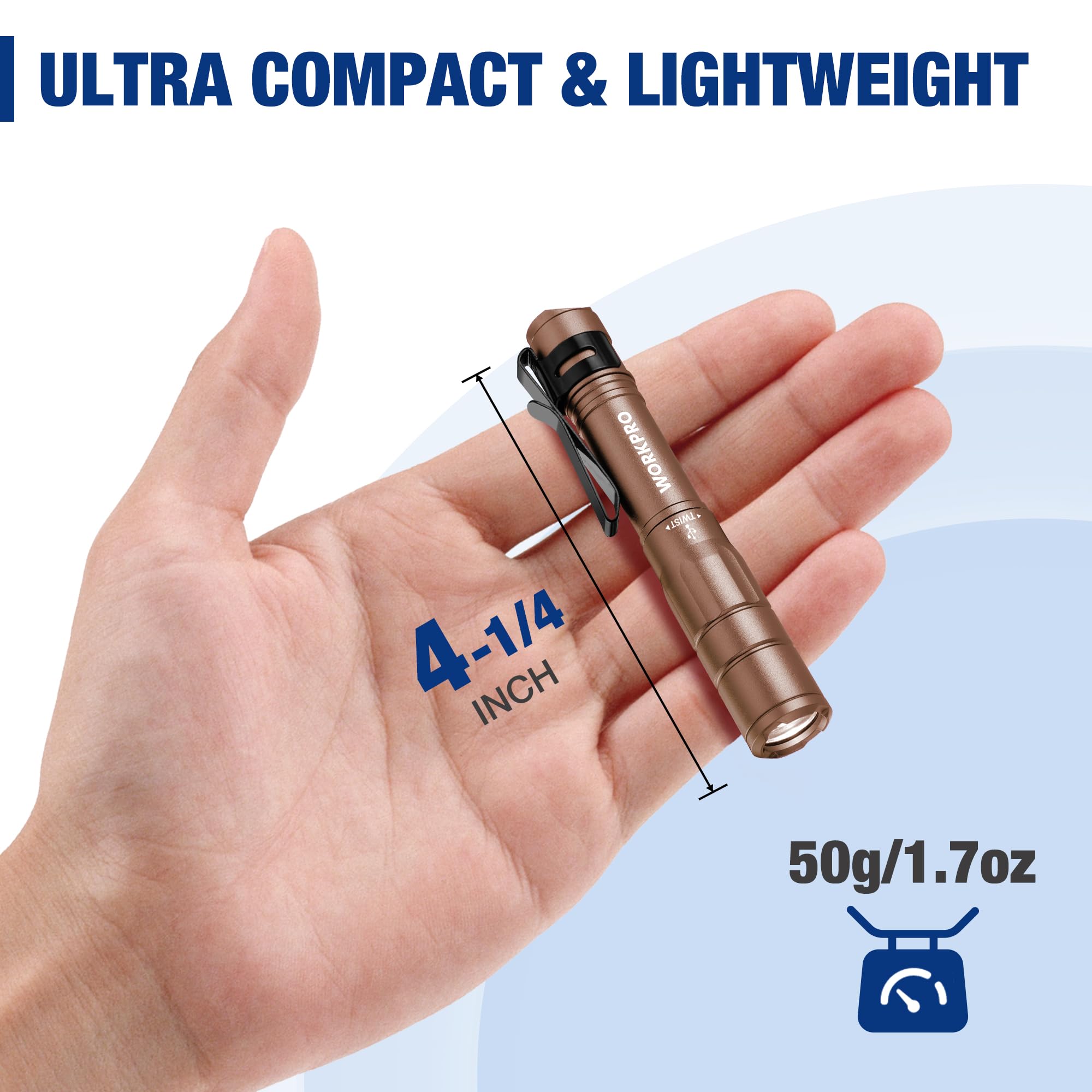 WORKPRO Rechargeable Mini Pen Light Flashlight, Brown Aluminum, 2 Pack with USB C Cables, Model W139024