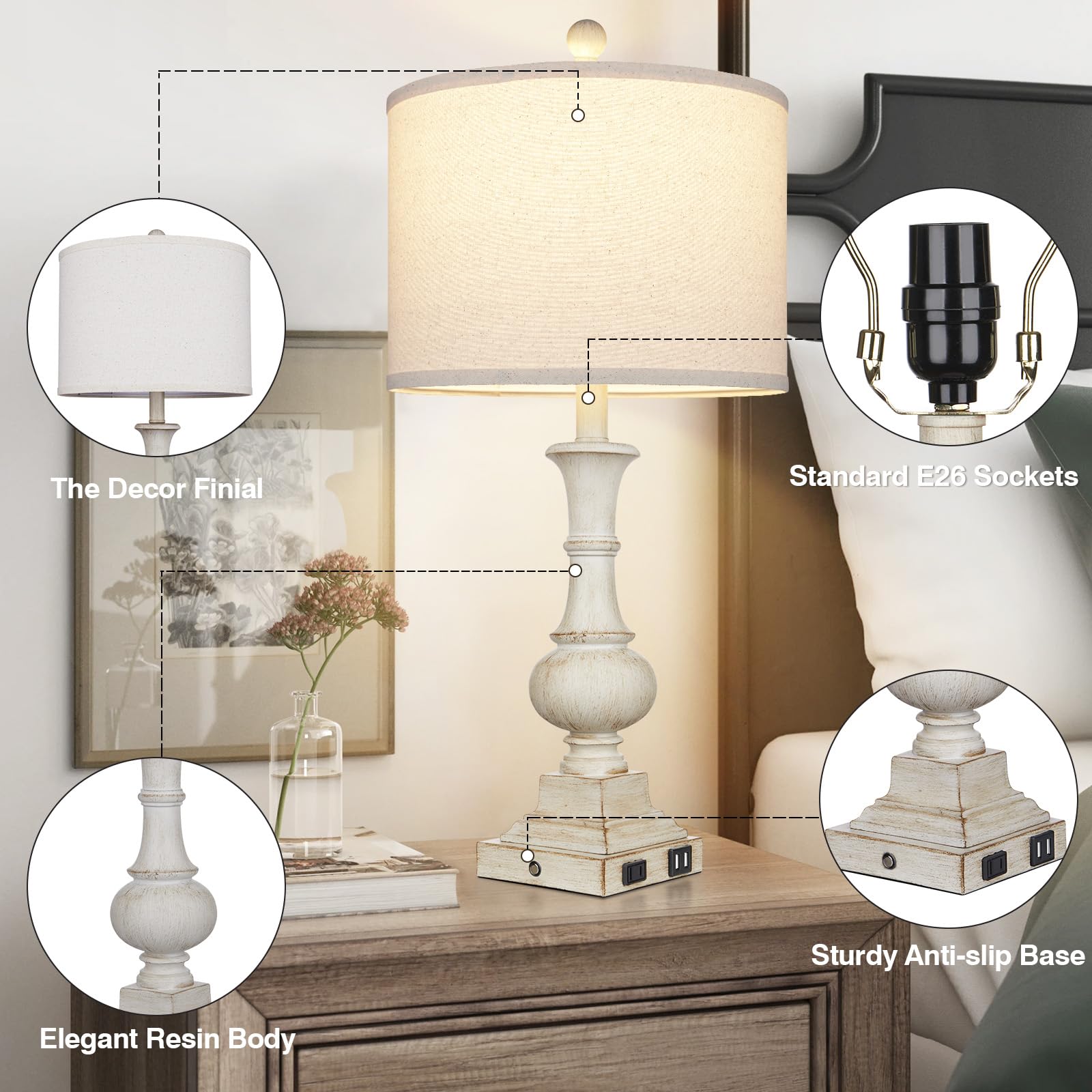 Cinkeda 26" Farmhouse Table Lamps Set of 2, Rustic White Resin, 3-Way Dimmable with USB Ports & AC Outlet, Linen Fabric Shade