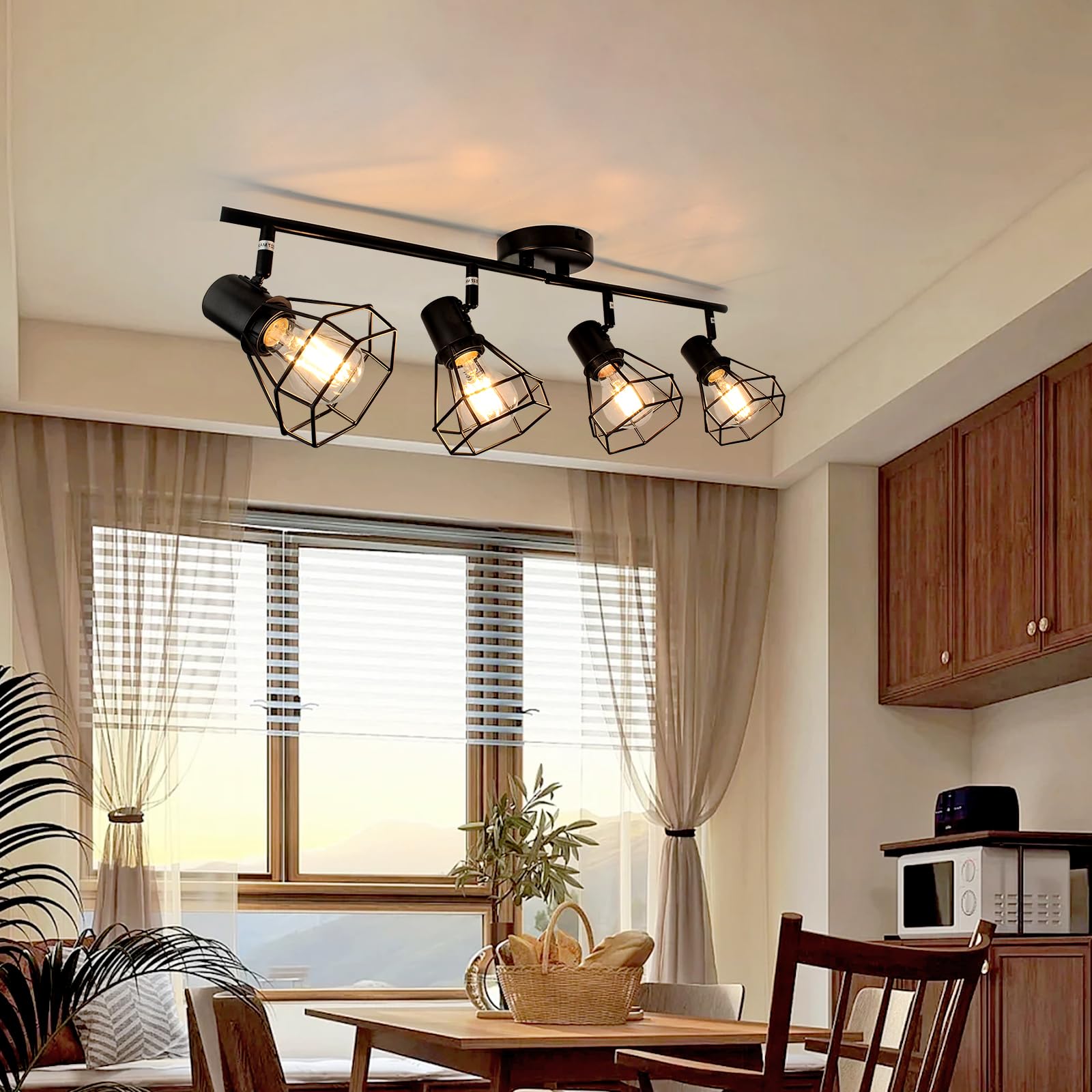 Hibay 4-Light Track Lighting Farmhouse  Industrial Directional Ceiling Track Light Fixtures  Black Geometric Cage Spotlight Indoor For Kitchen  Bedroom  Hallway  E26 Base (Bulbs Not Included)