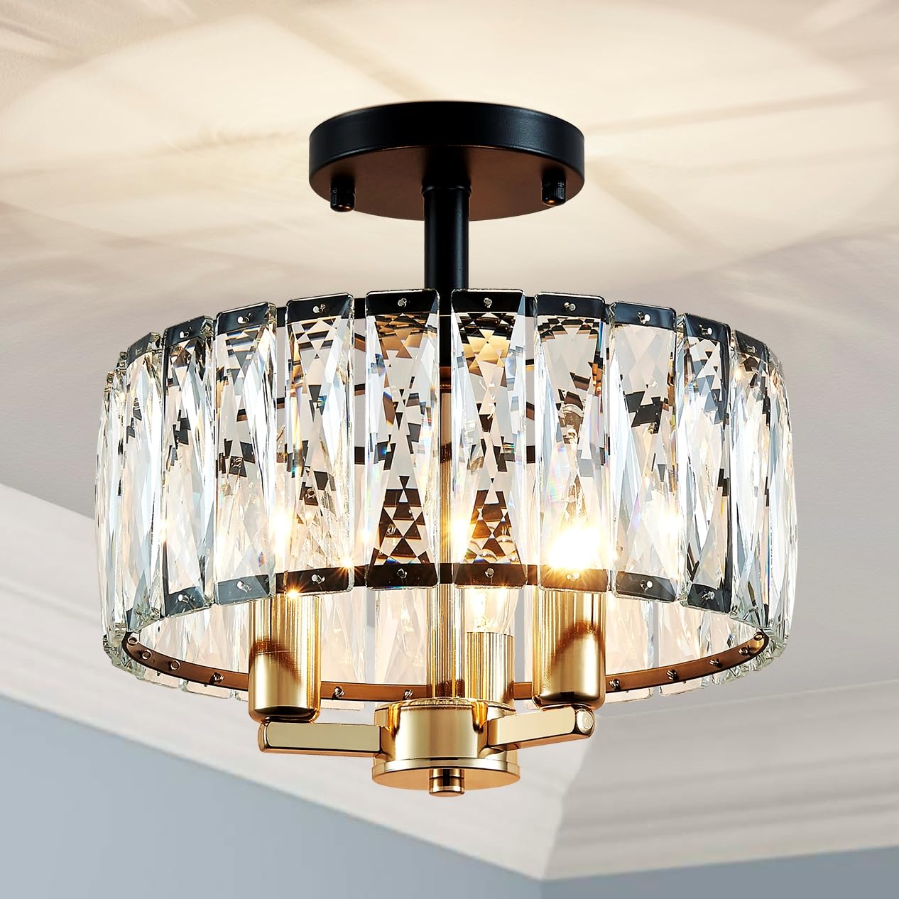 AGV LIGHTING CL003BB K9 Crystal Ceiling Light Fixture, Modern Semi Flush Ceiling Lights, Perfect for Living Room, Bedroom, Dinin