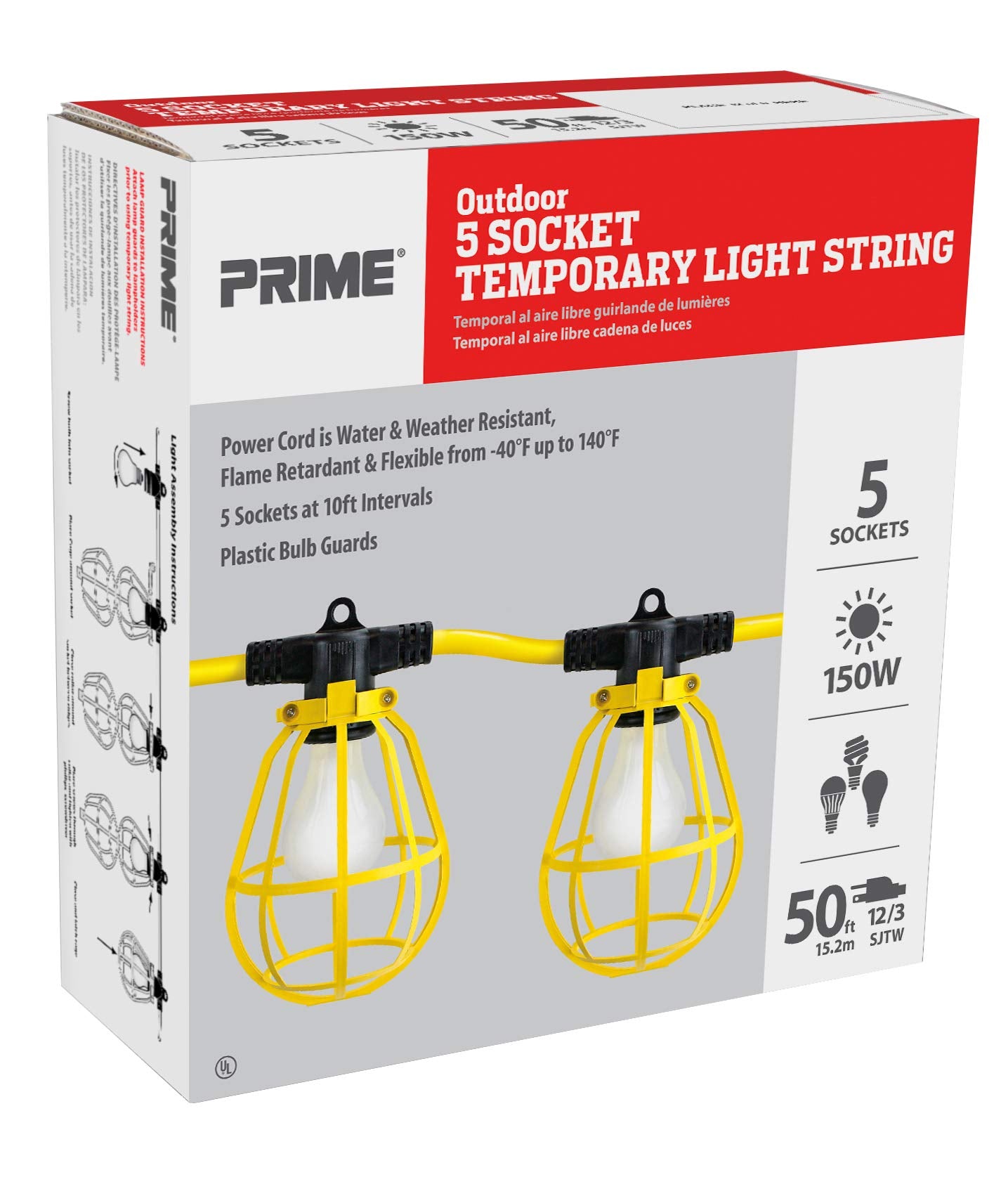 Prime Wire & Cable Temporary Light String, 50-Feet, 5-Bulb, 12/3 SJTW, Yellow, Model LSUG2830