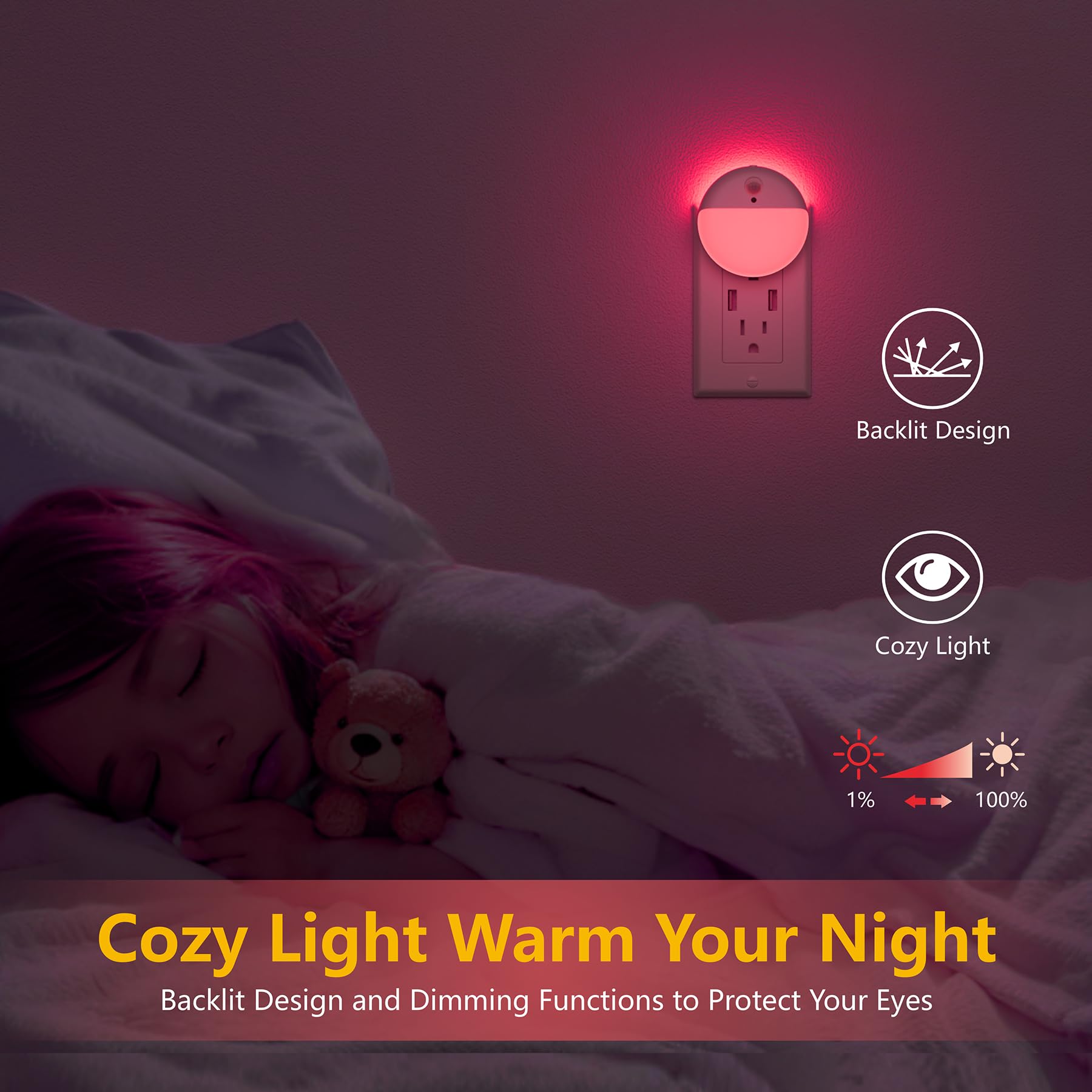 YUNLEX Night Light 2 Pack with Motion Sensor, Dusk to Dawn, Stepless Dimming, Red LED, 3 Sensor Modes, Plastic, Model NLS26