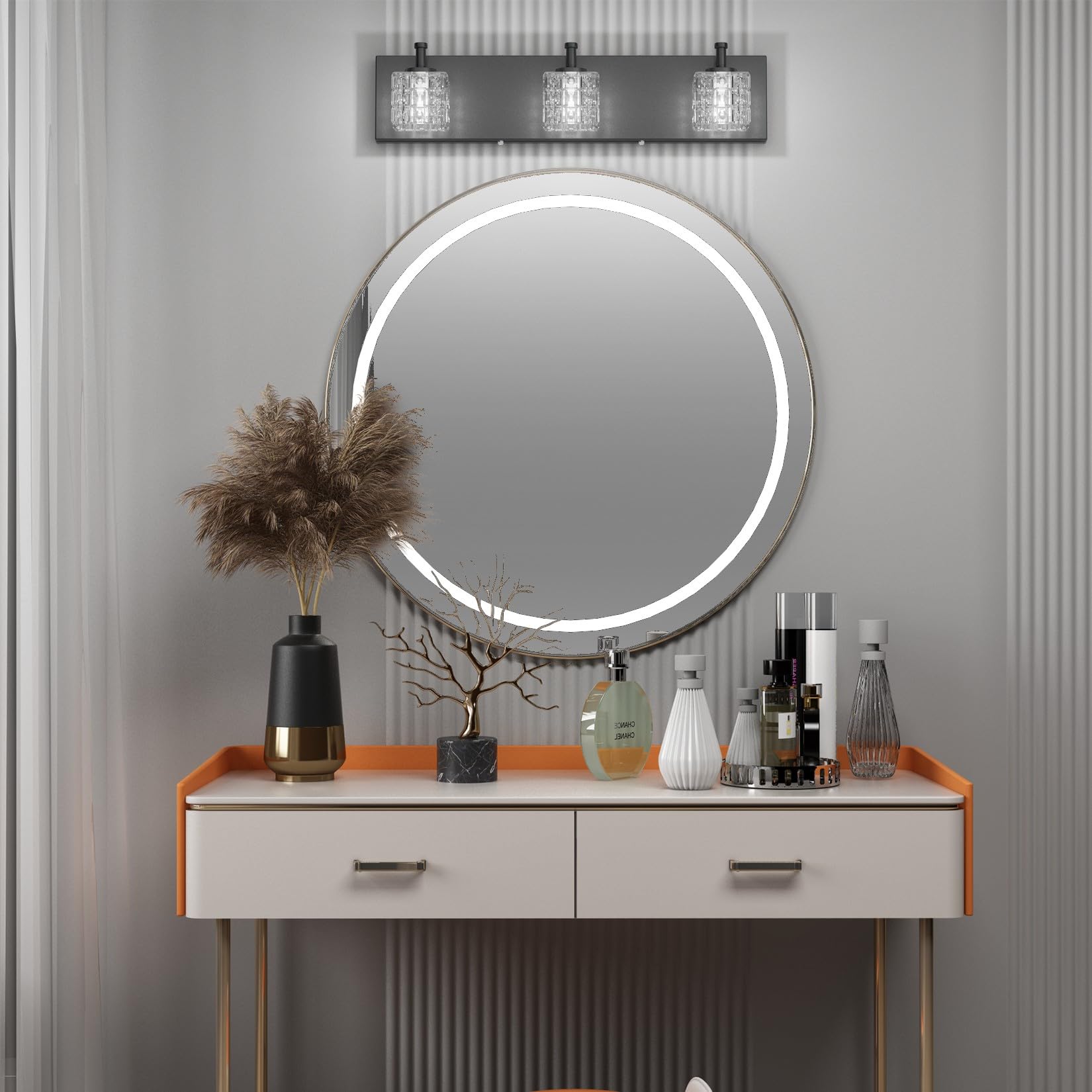 Ralbay Black Vanity Light Fixture, 3 Lights Modern Crystal Design, 20 Inch, Matte Black, Model 9822ralbay