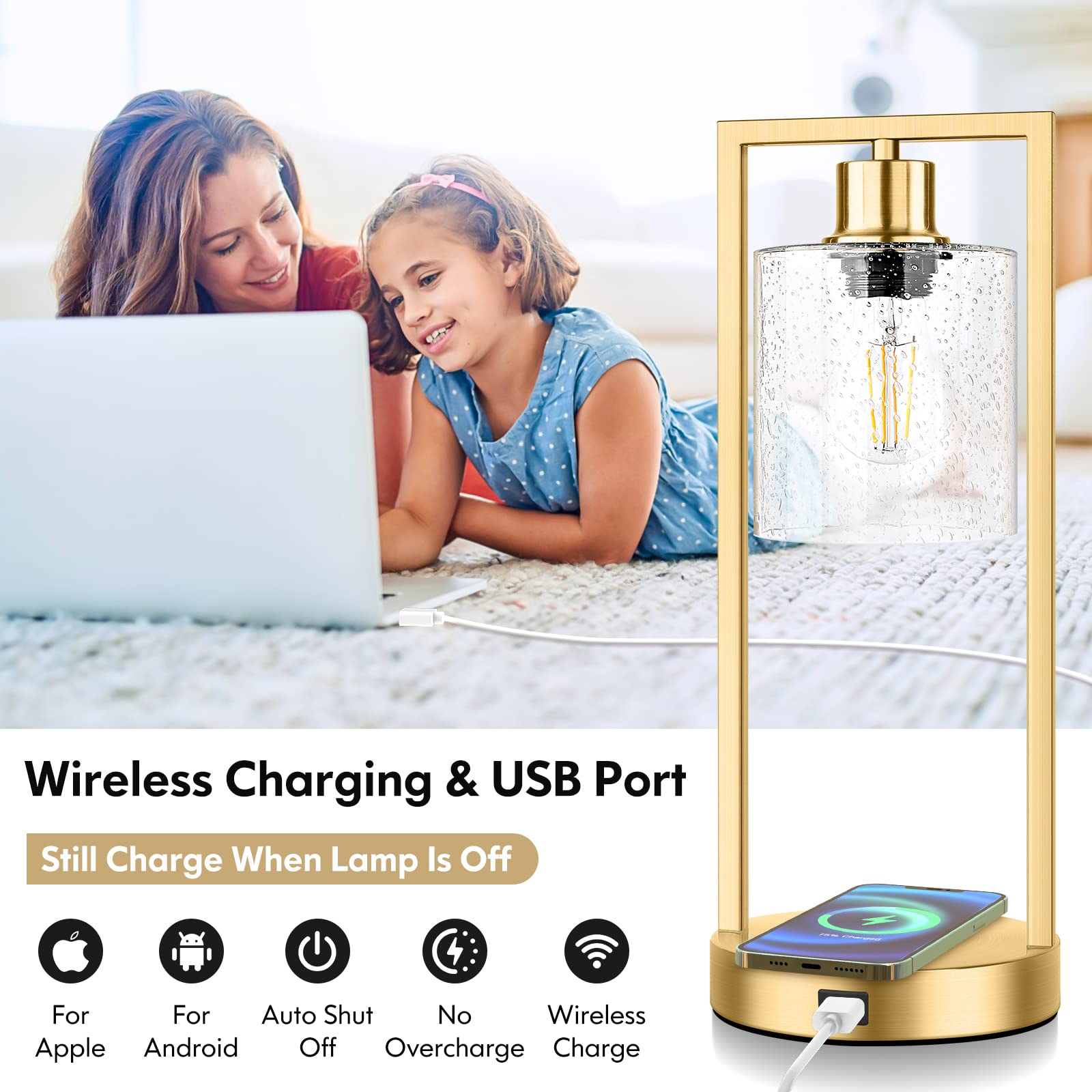 Gold Wireless Charging Lamps For Bedrooms Set Of 2, Bedside Touch Table Lamps 3-Way Dimmable, Bubble Glass Lamp Sets For Living
