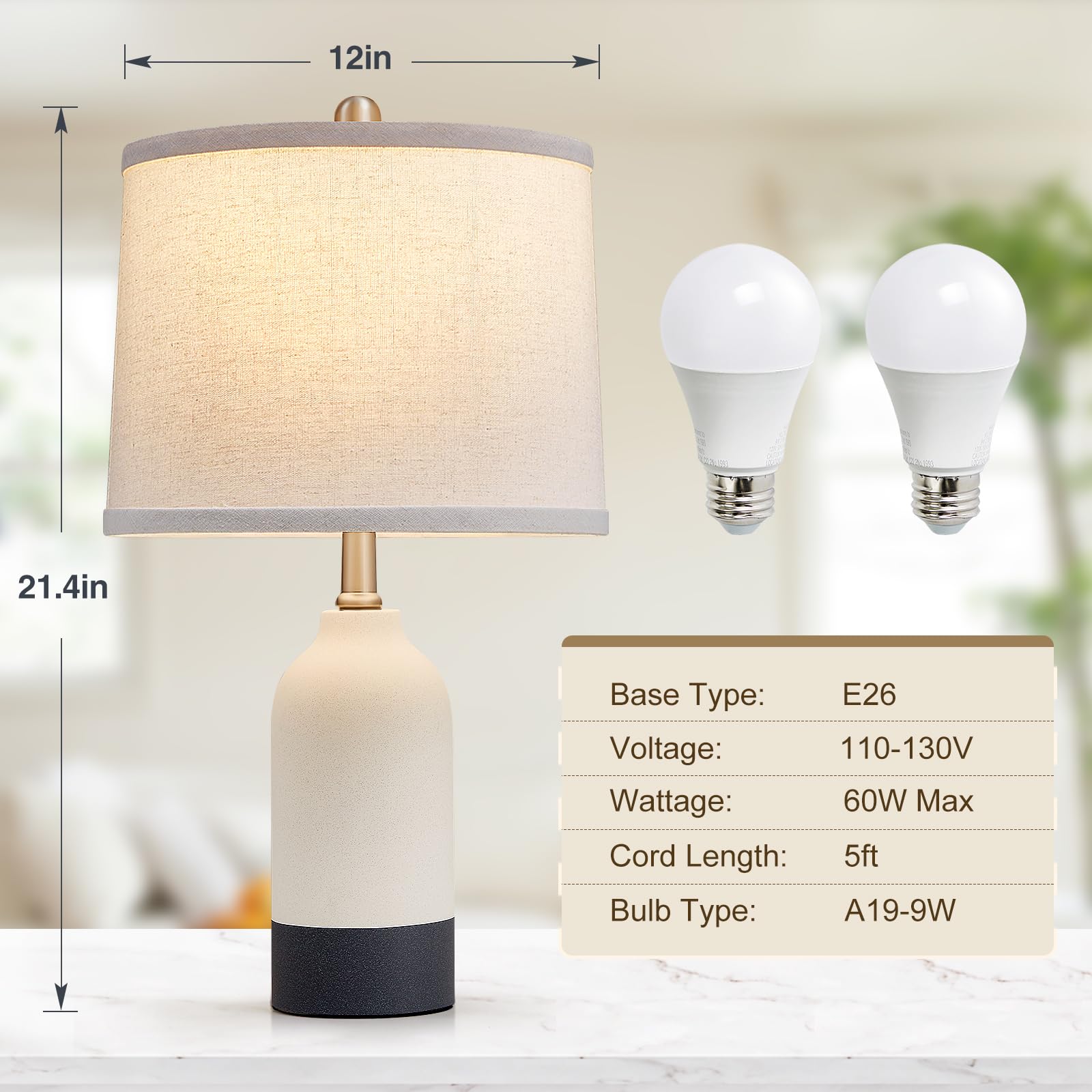 Luvkczc Modern Ceramic Table Lamps Set of 2, 21.4", Black+White, Fabric Drum Shade, 3-Color Temperature, 2 Bulbs Included