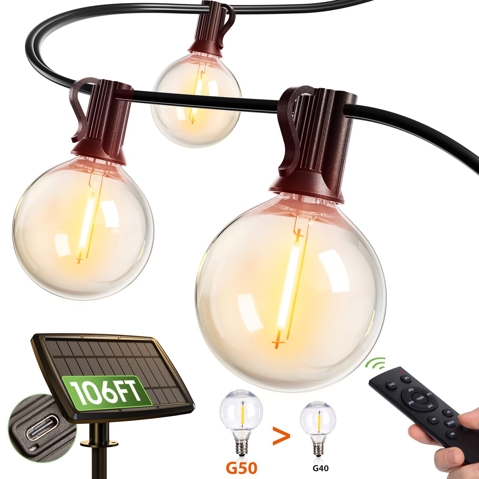 addlon Solar String Lights G50 Waterproof 100FT Outdoor LED Bulbs Black 3 Light Modes