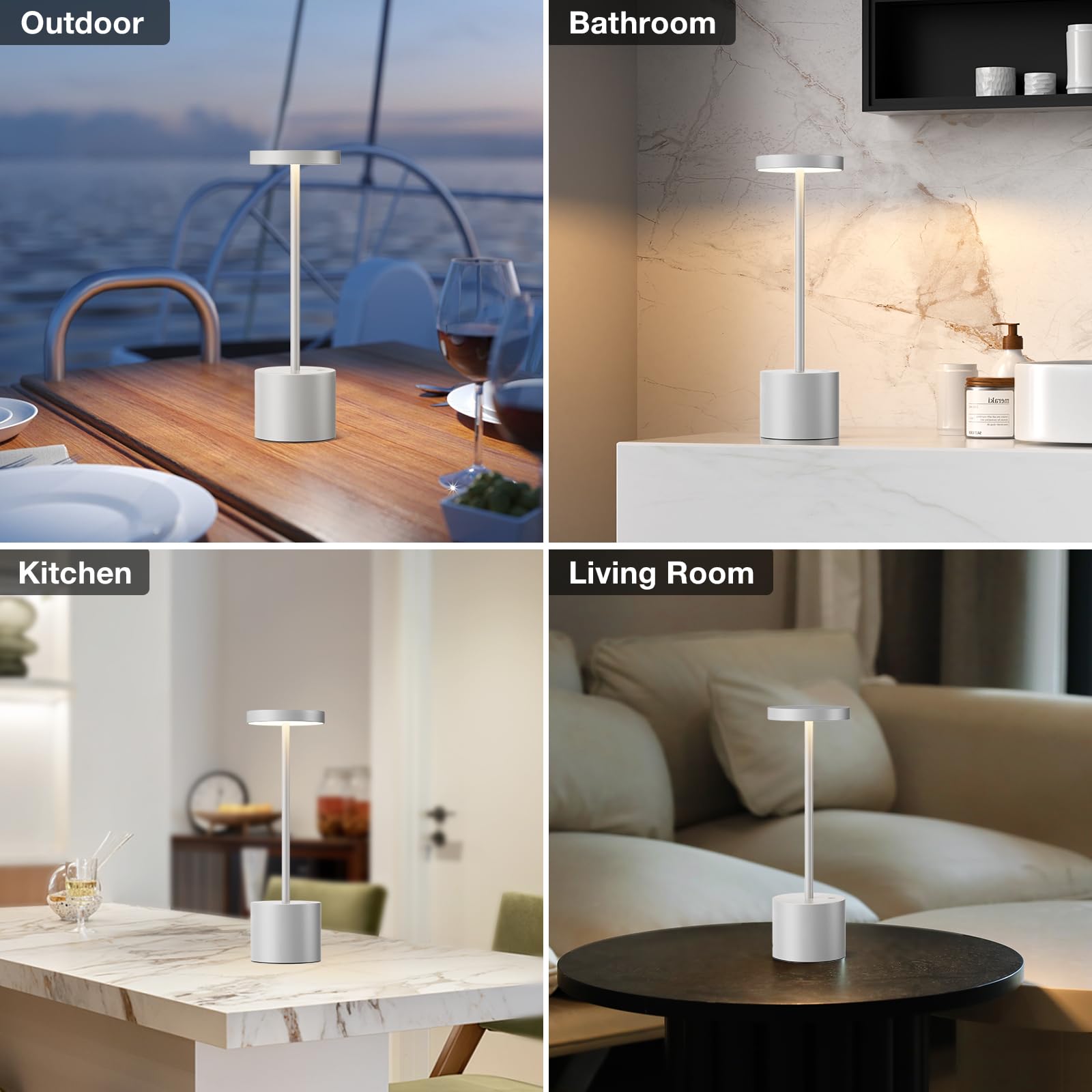 Kakanuo Silver Gray Cordless Lamp, Rechargeable Lamp, Touch Control, 3 Color Temperature, Led Outdoor Wireless Lamp, Battery Ope