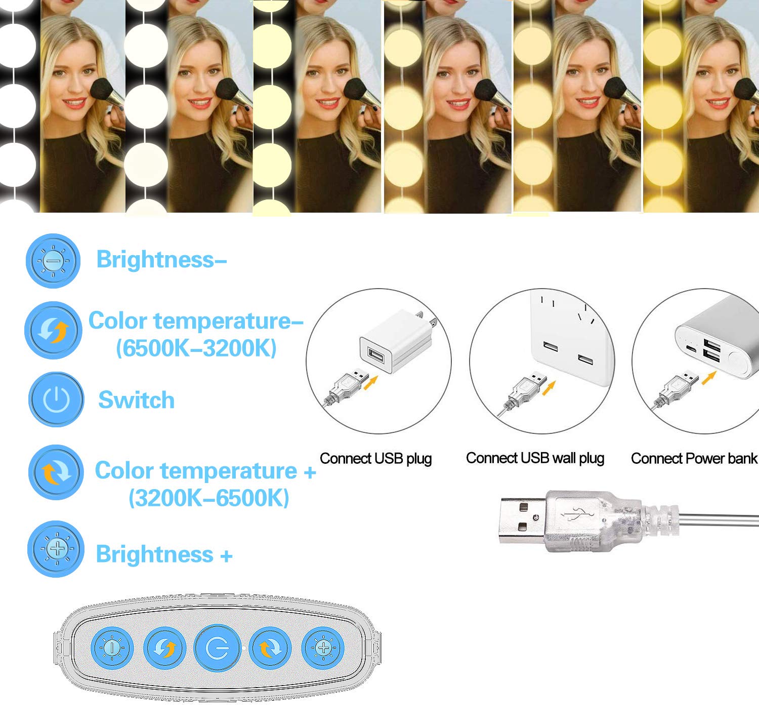 SICCOO 10 Dimmable LED Vanity Mirror Lights - Hollywood Style, White, USB Cable, Perfect for Makeup, Dressing Table, and Bathroom