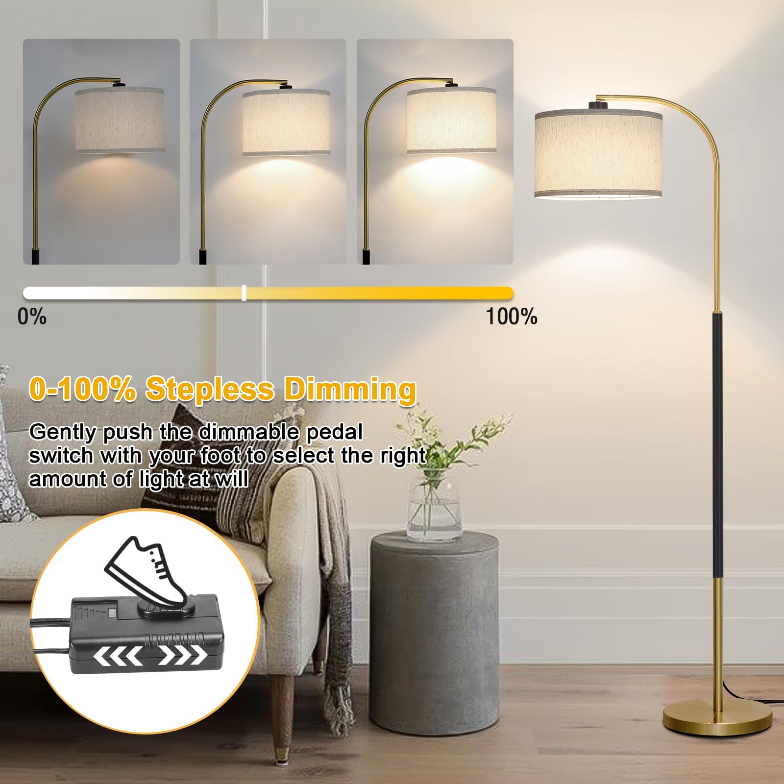 Dimmable Floor Lamp For Living Room, Arc Floor Lamps With Adjustable Drum Shade Pedal Switch, Black And Gold Tall Standing Lamp