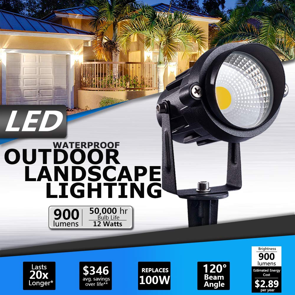 SUNVIE LED Landscape Lighting 12W Waterproof Garden Spotlights, Aluminum, Warm White, Model IT-OUU-15-27, 2 Packs