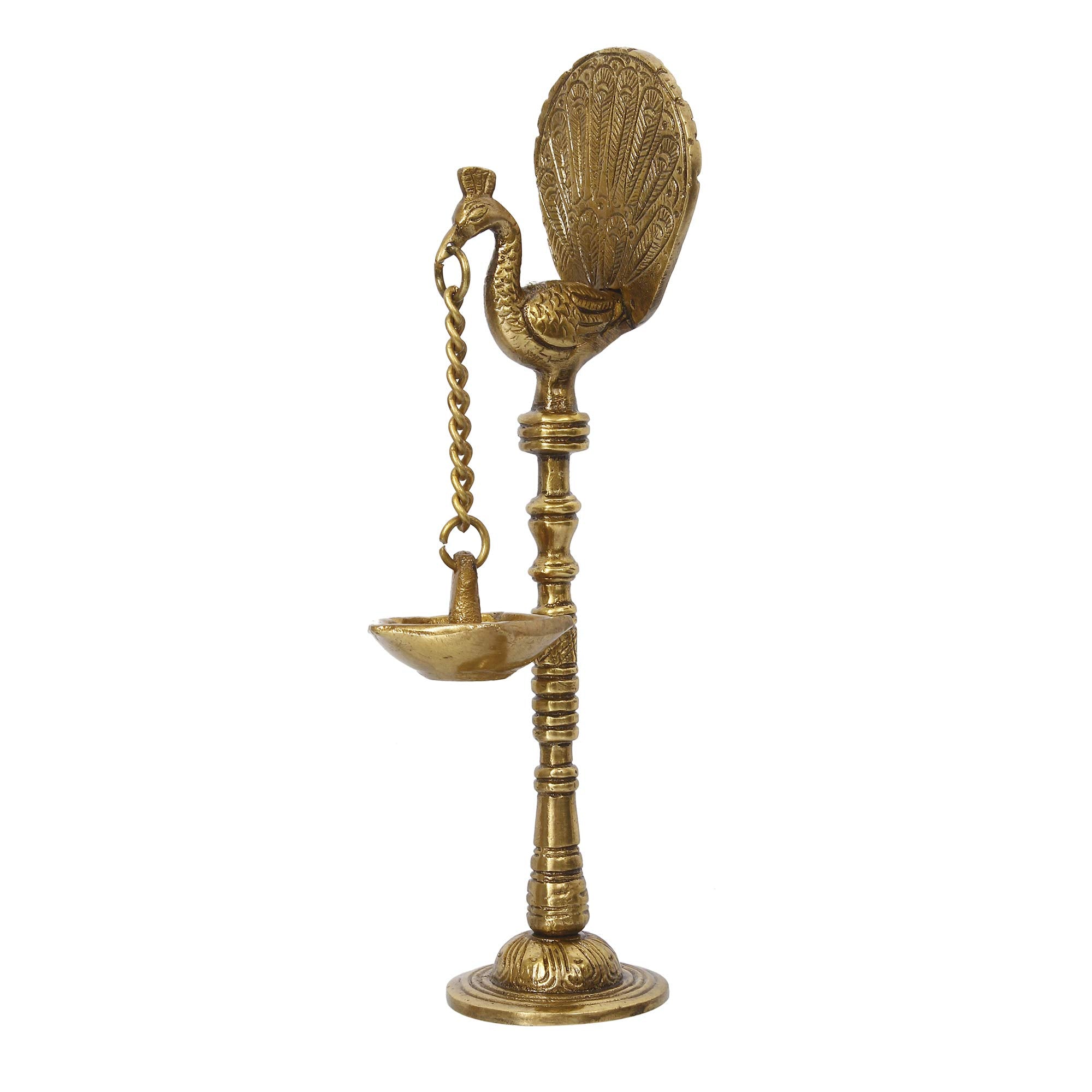 eCraftIndia Decorative Handcrafted Brass Peocock Showpiece Diya for 5 Wicks with Stand, (Model: BGGDB120), Golden, One Size