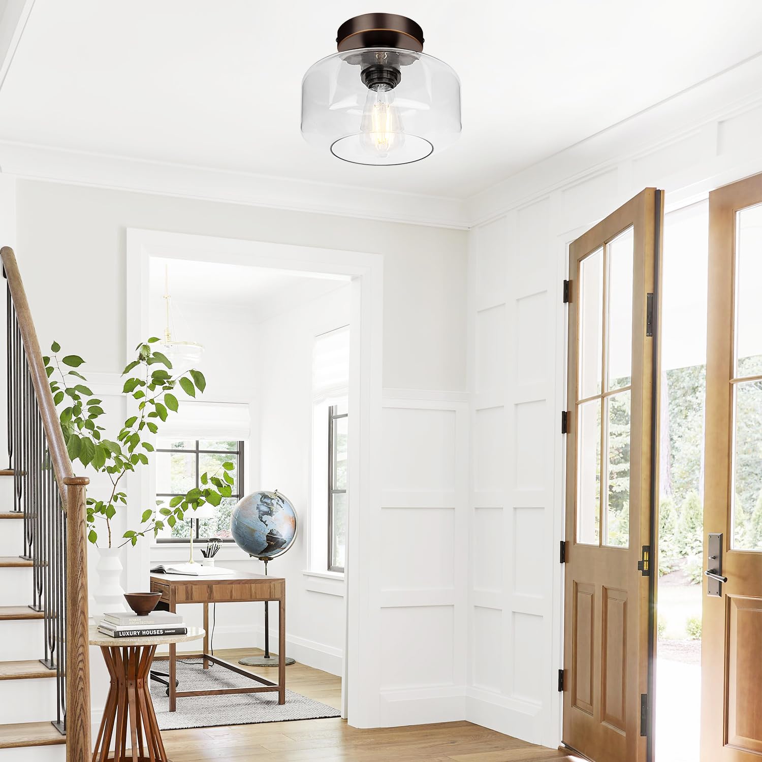 Lynnoland Industrial Semi Flush Mount Ceiling Light, 800 Lumen LED Bulb, Clear Glass Shade, Oil Rubbed Bronze, Model N1900CL03