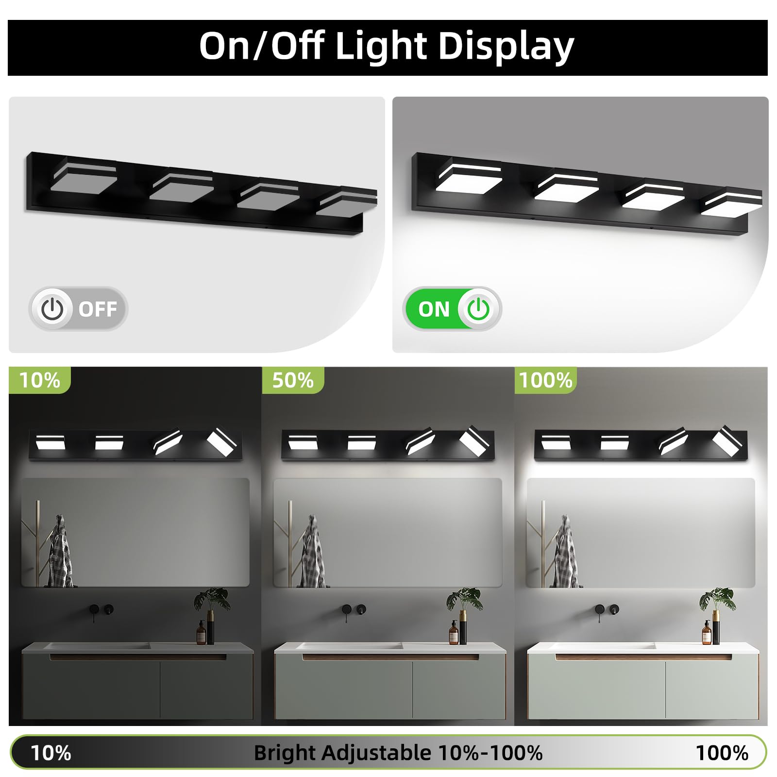 Okeli 4-Light Dimmable Bathroom Vanity Light, Matte Black, Adjustable Led Over Mirror, 32W 6000K