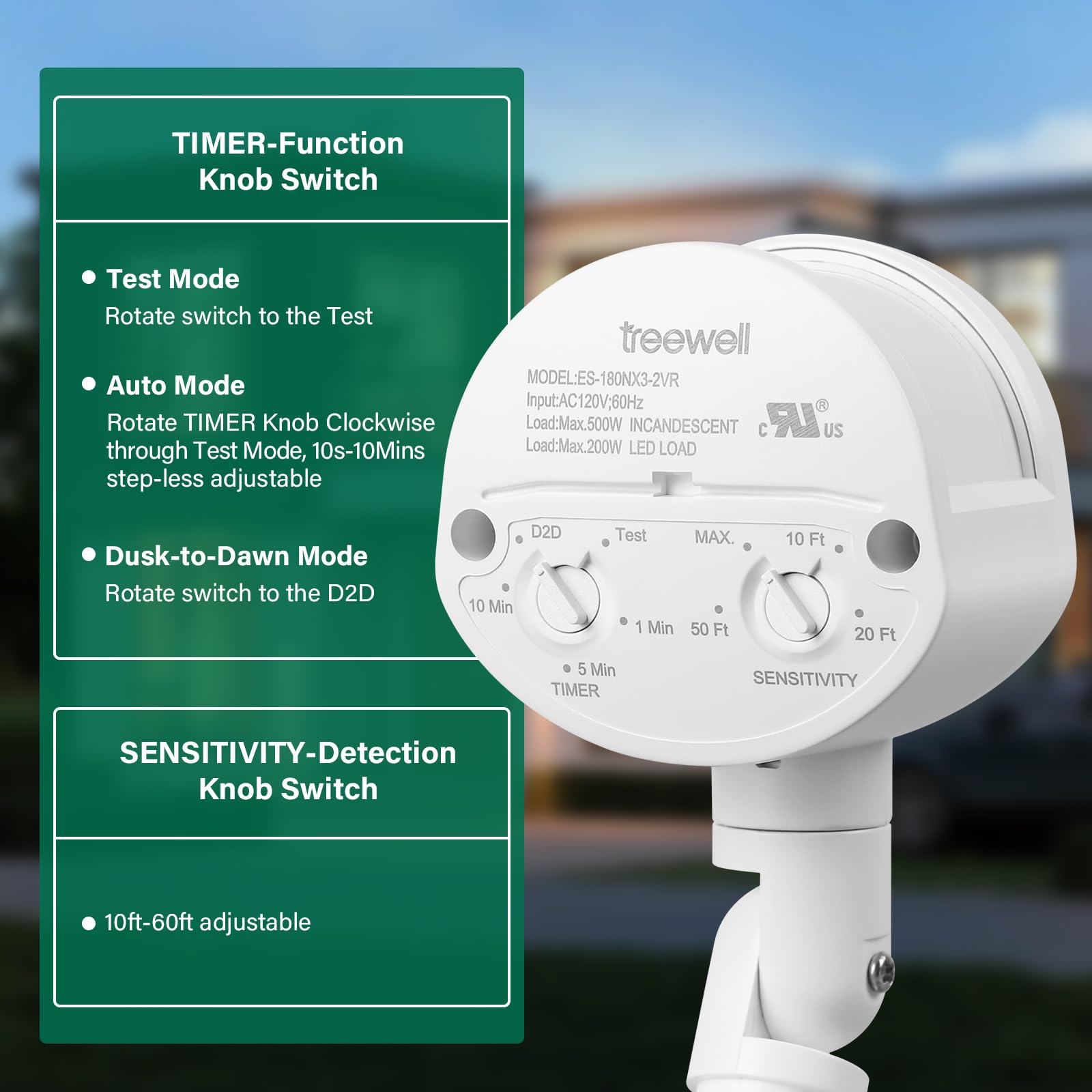 Treewell Motion Sensor, 180-Degree Replacement Motion Detector, Adjustable Time & Detection Sensitiity Up To 60 Feet Range, 3 Wo