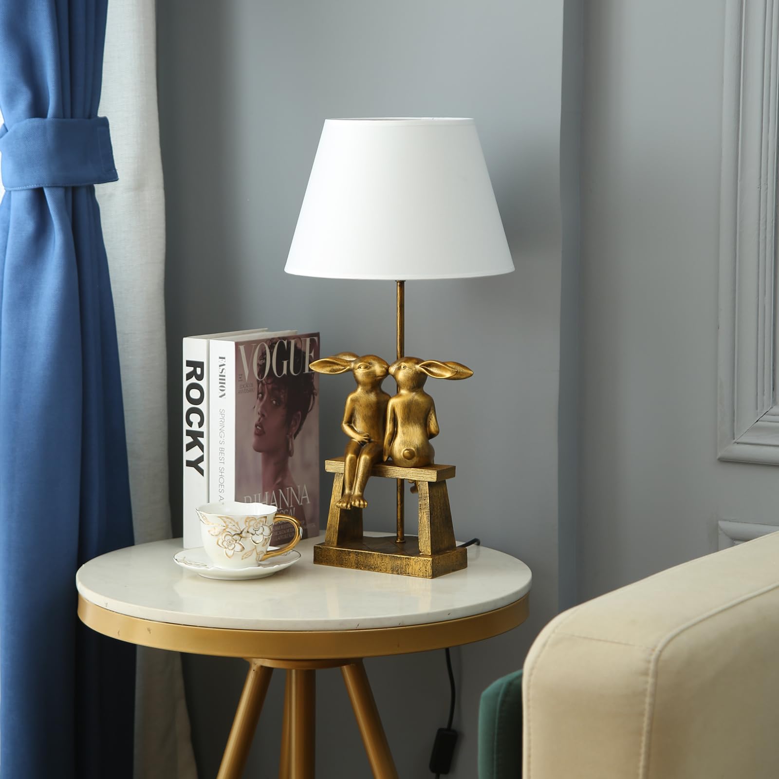 LAZHUG Kissing Bunny Lamp - H16in Gold Rabbit Table Lamp, Small White Shade, Energy Efficient Nightstand Light, Perfect Gift for Loved Ones