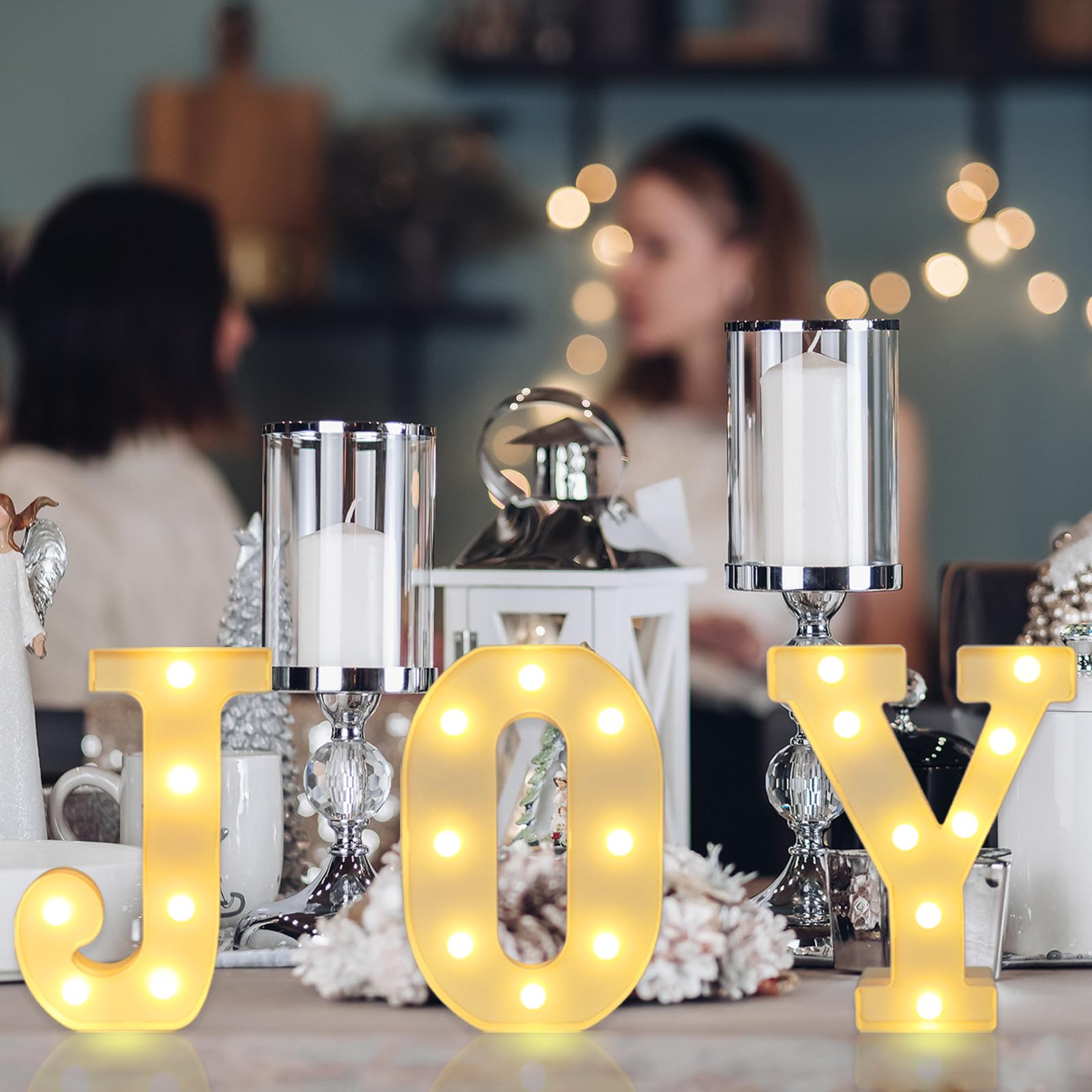 CESOF Christmas LED Letter Lights Sign, Battery Powered JOY Decor, White, 3 Pcs, Plastic for Indoor Mantle, Bedroom, Fireplace