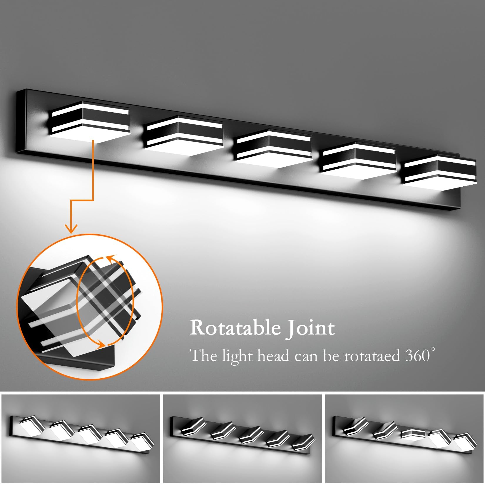 Ralbay Black Vanity Light Fixtures 40.5Inch 5-Light Acrylic Modern Led Matte Black Bathroom Wall Vanity Lighting Fixtures Over M