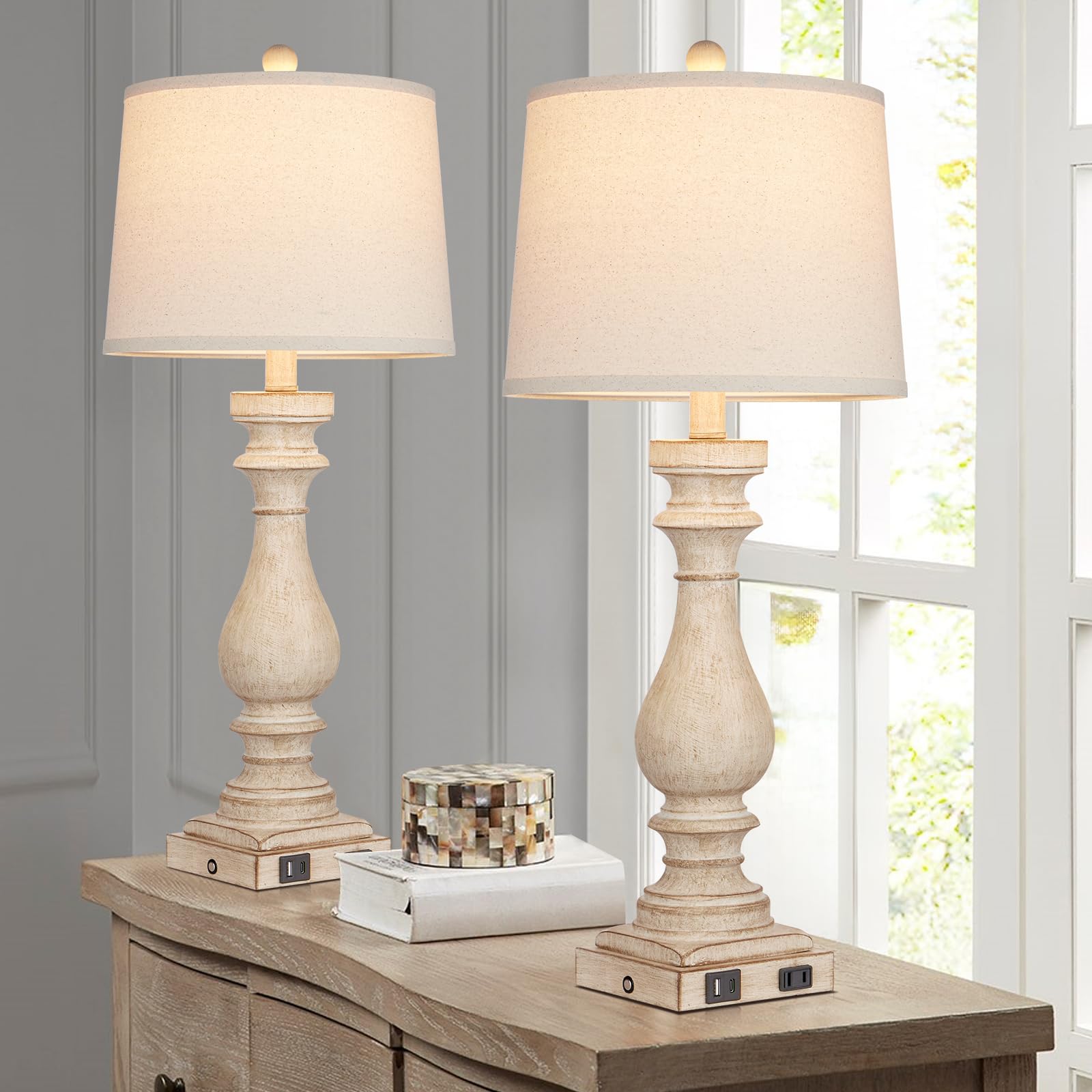 Cinkeda 29" Vintage Table Lamp Set of 2 with USB Ports & AC Outlet, 3-Way Dimmable Touch Control, White Washed Finish, Beige