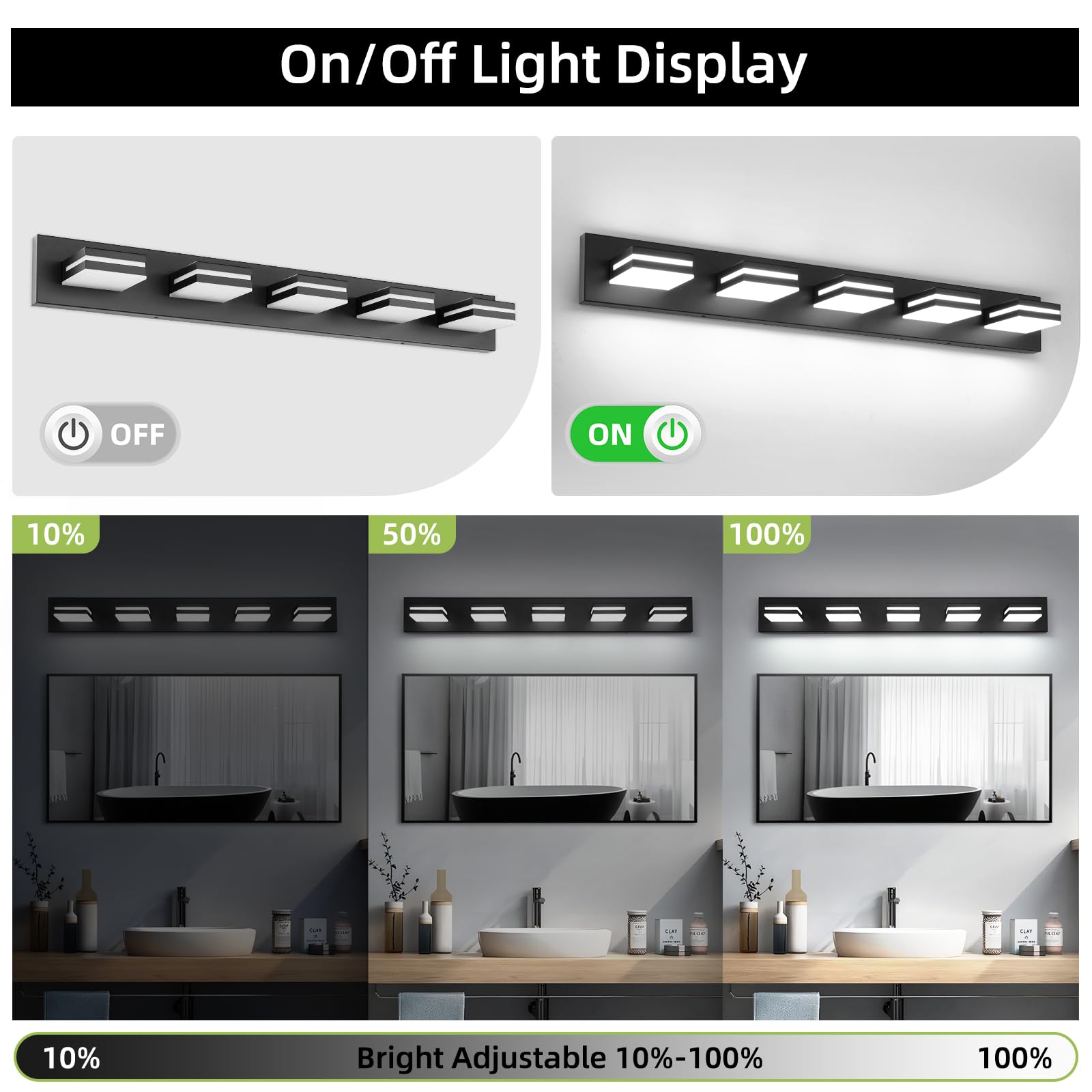 OKELI 5-Light LED Bathroom Vanity Light, Dimmable, 36.2" Matte Black, Adjustable Lamp Head, Model OK-9553-5T-BK