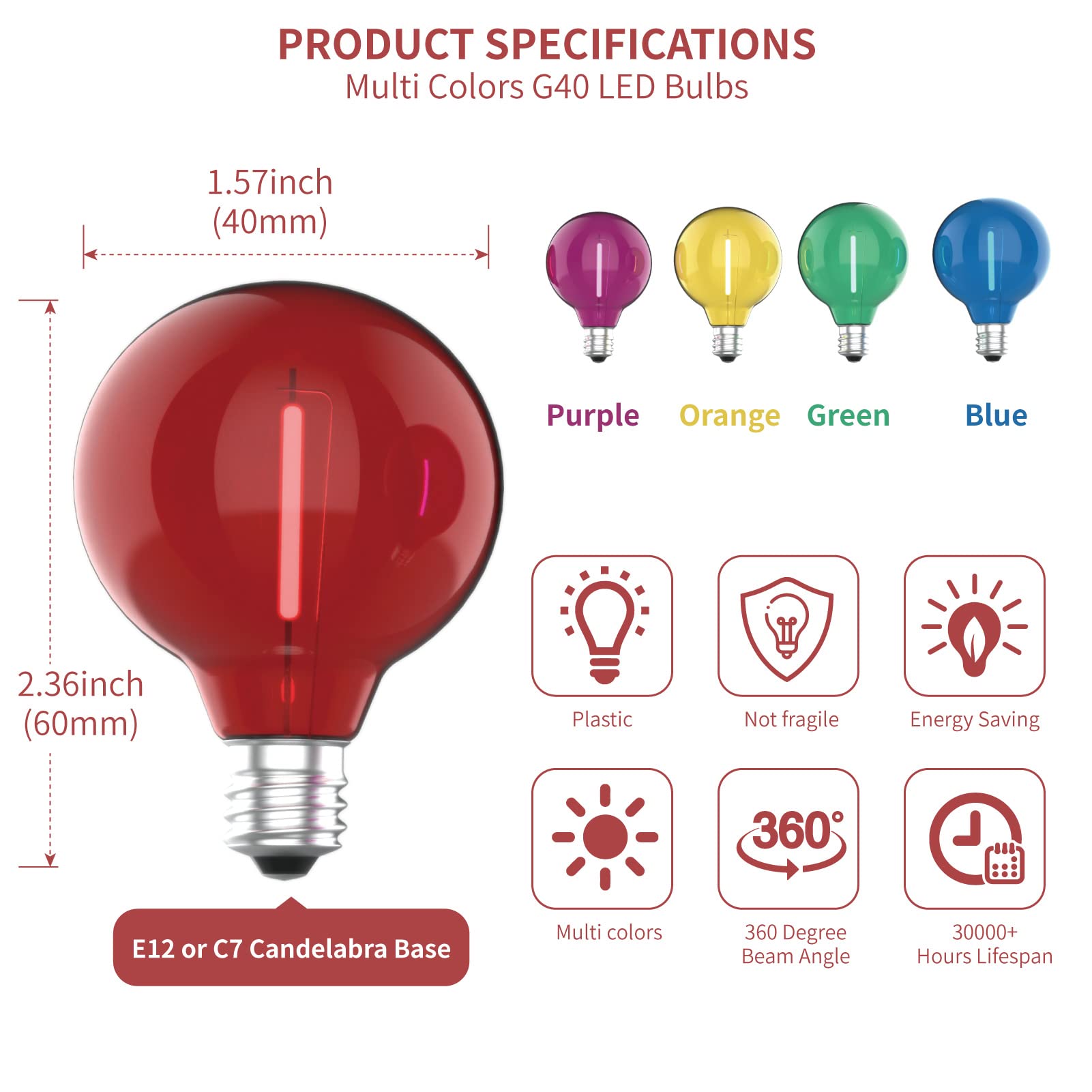 Meconard G40 Colored LED String Light Bulbs, Shatterproof, E12/C7 Base, 25 Count, Multi-Color (Red/Green/Blue/Orange/Purple)