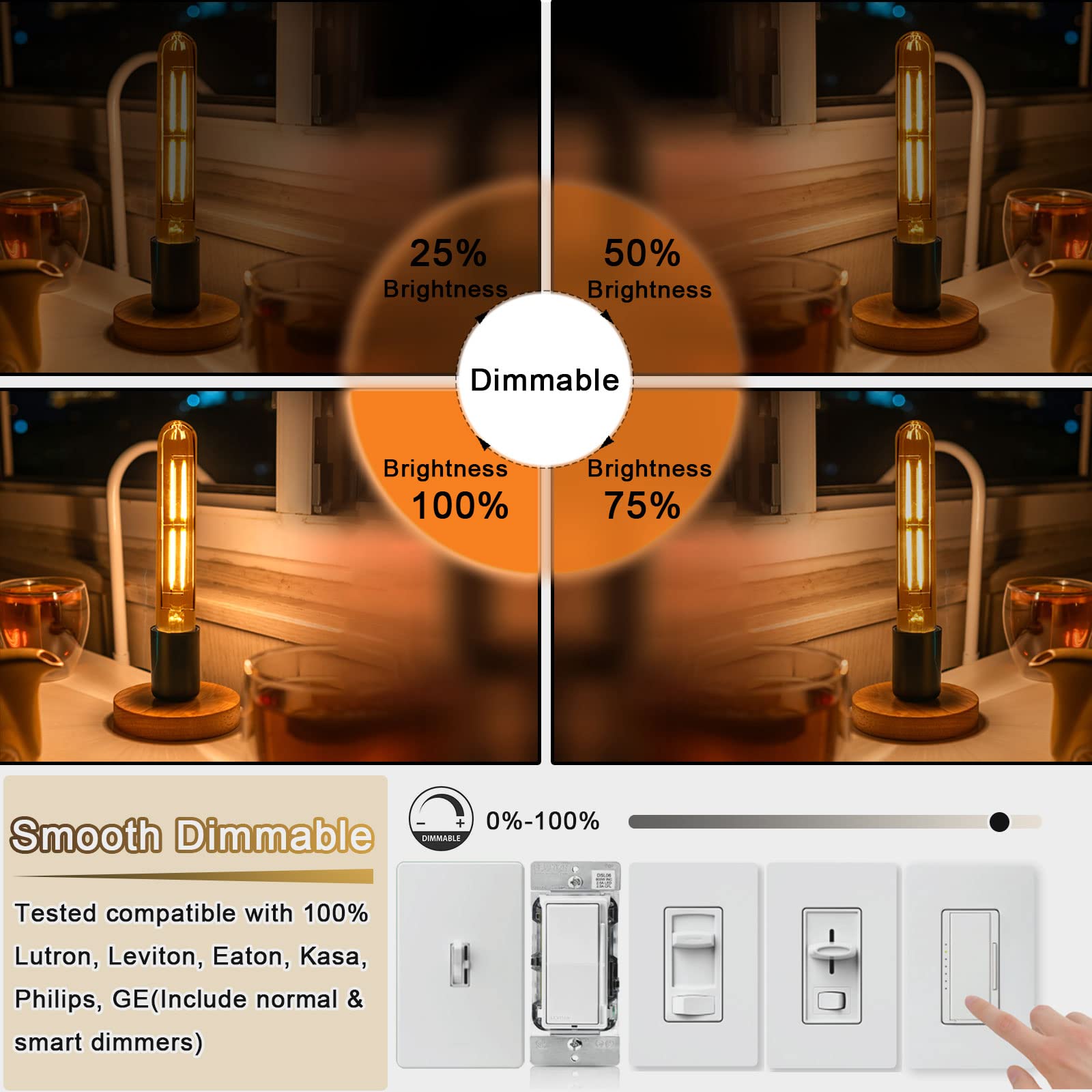 NOVELUX Edison Bulbs 60W LED Dimmable T10 Tubular Light, 2200K Amber, Glass, E26 Base, 6 Pack