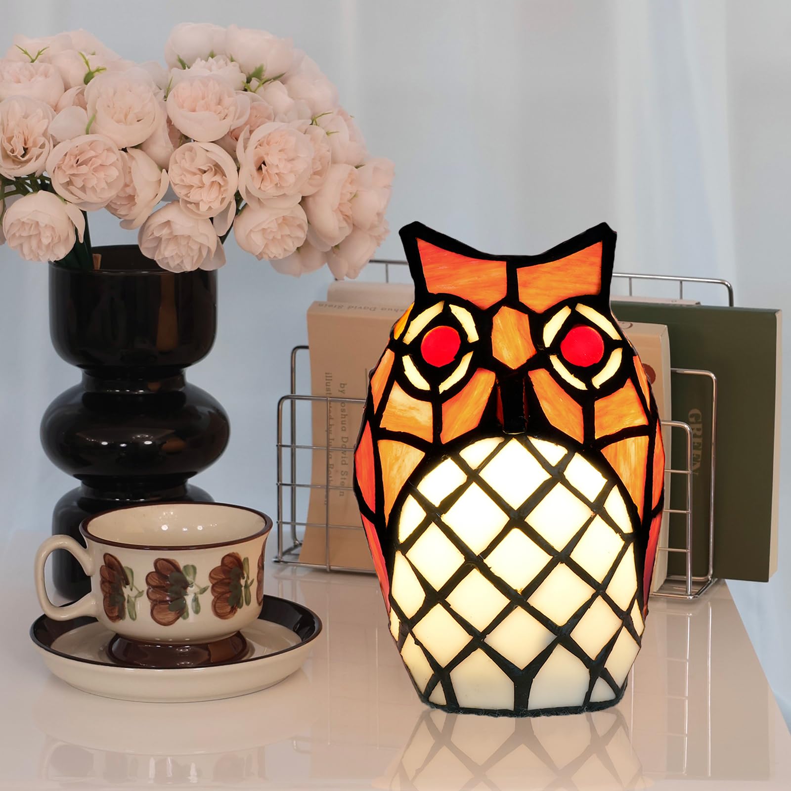 Kiphepi Tiffany Lamp Stained Glass Lamp Small Bedside Table Lamps For Living Room Home Decor Girls Women Birthday Halloween Christmas Thanksgiving Day Gift Owl