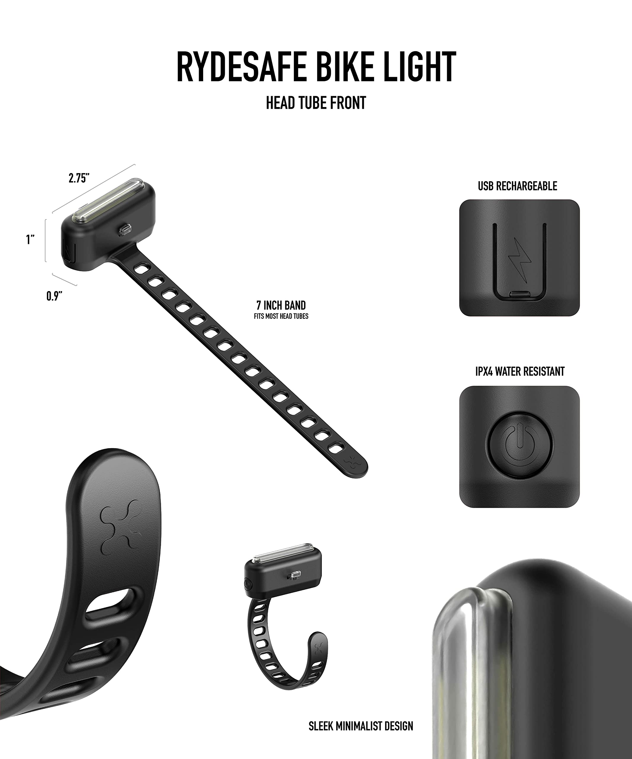 Rydesafe Bike Light - Head Tube Front - Black