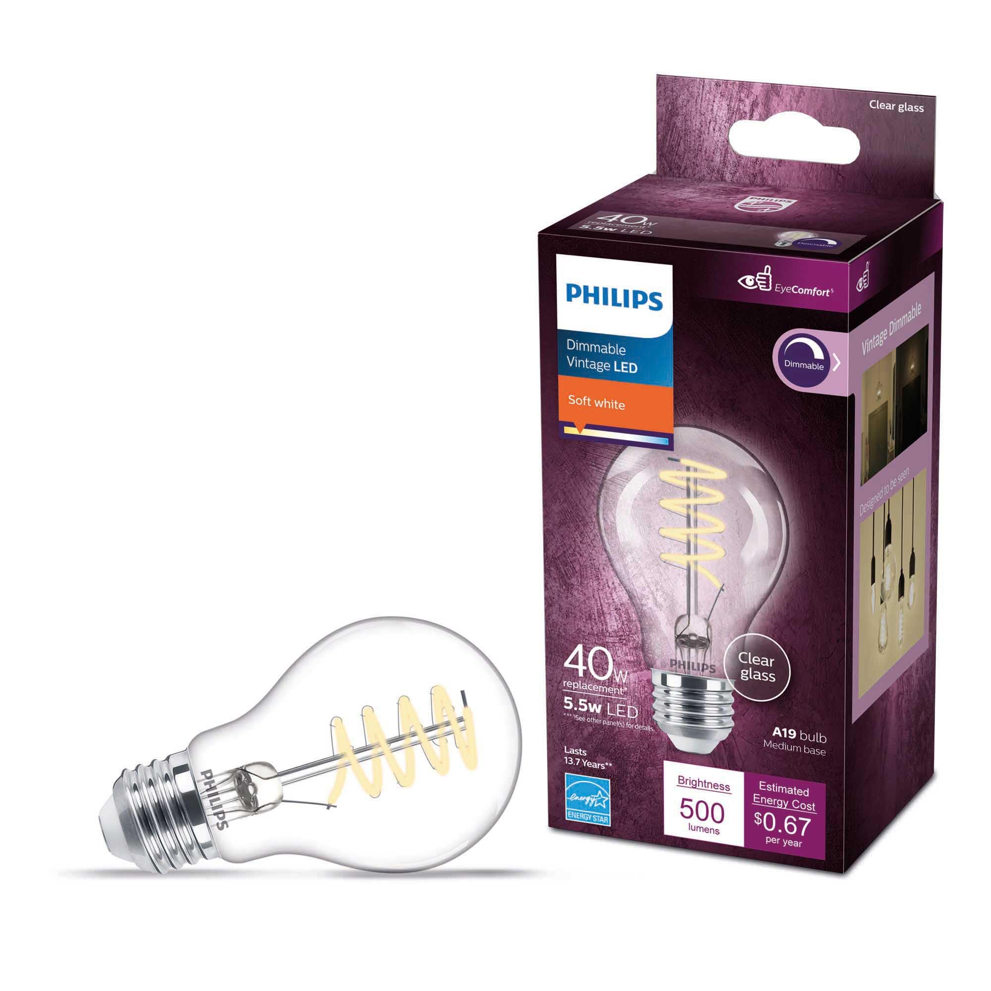 PHILIPS LED Vintage Clear Spiral A19 Bulb, Dimmable, 500 Lumen, Soft White 2700K, 5.5W=40W, E26 Base,