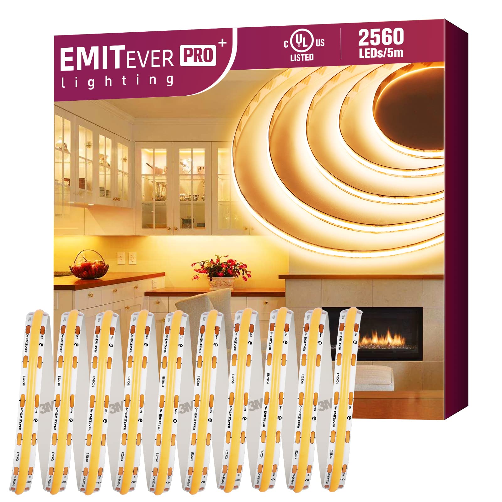 EMITEVER COB LED Strip Lights, Warm White 2700K, 16.4ft (5m), Vinyl, UL Listed, 360+ Lumens/ft, 2560 LEDs