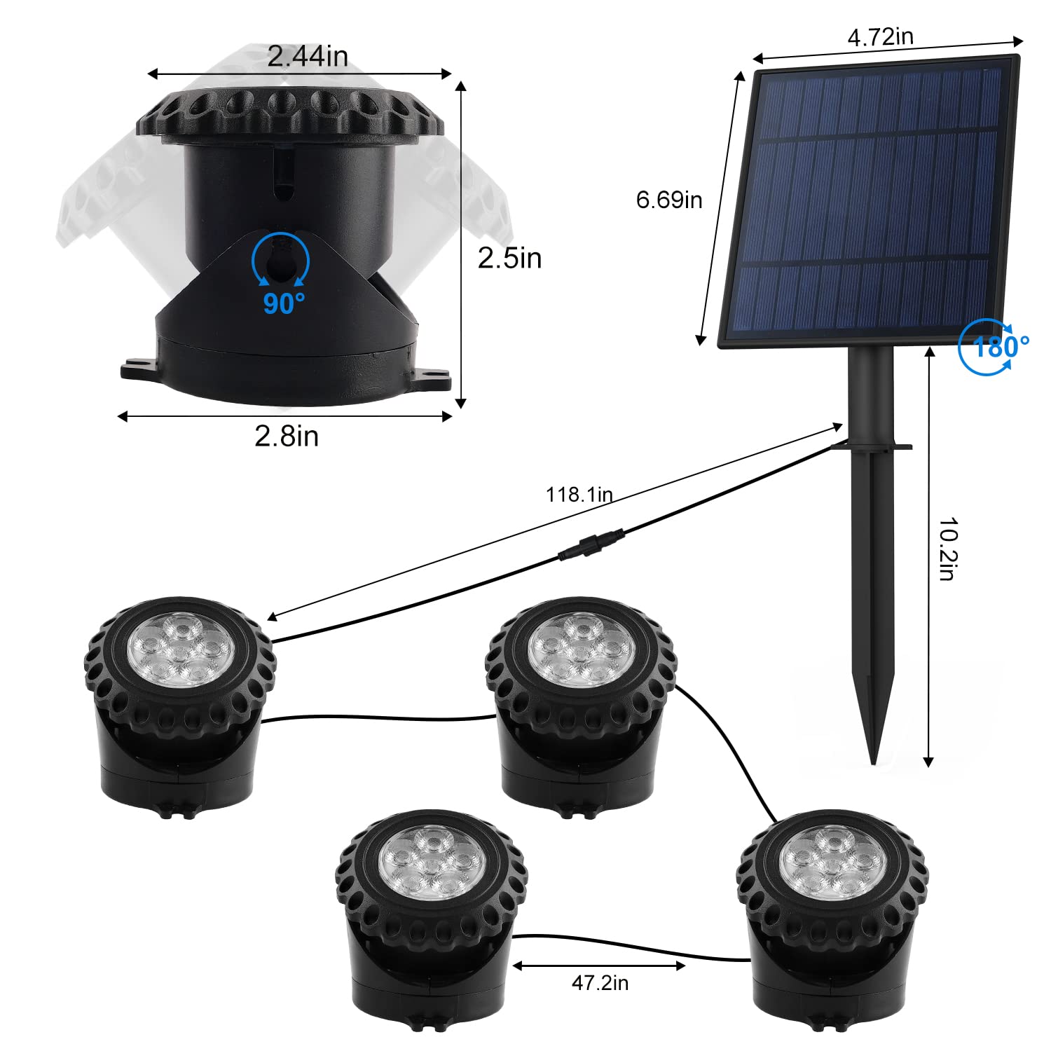 T-Sun Rgb Solar Pond Light - 4 Head Led Underwater Color Changing For Garden Pool Fountain