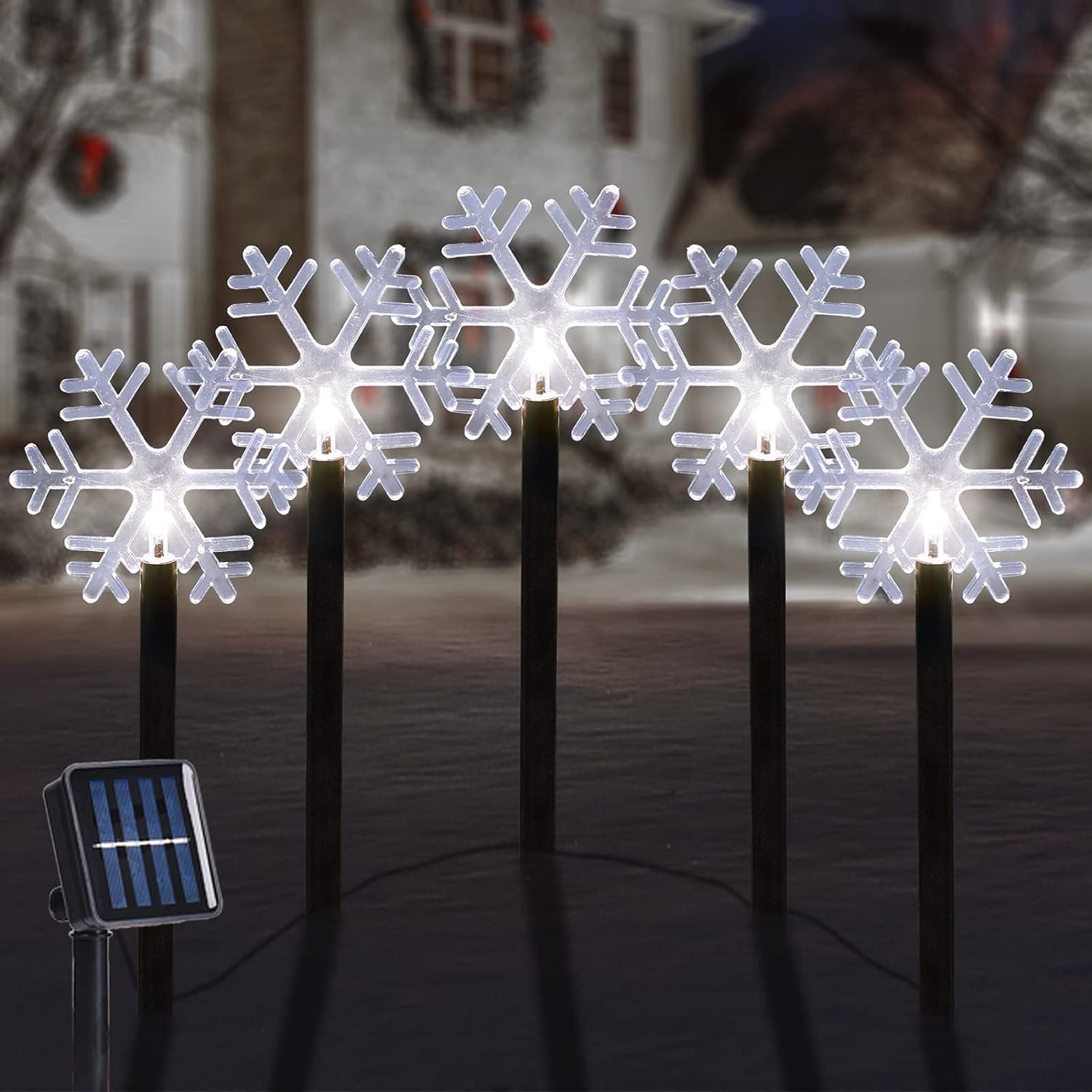 ILLUMINEW Christmas Snowflake Pathway Lights, 5 Pack Solar Christmas Stake Markers with Cool White Fairy Lights for Outdoor Holi