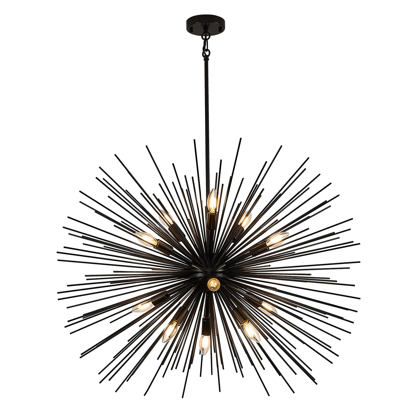Fookchak 35In Black Sputnik Chandelier 12-Light Starburst Chandelier Light Fixture Solid Metal Mid-Century Modern Satellite Ligh