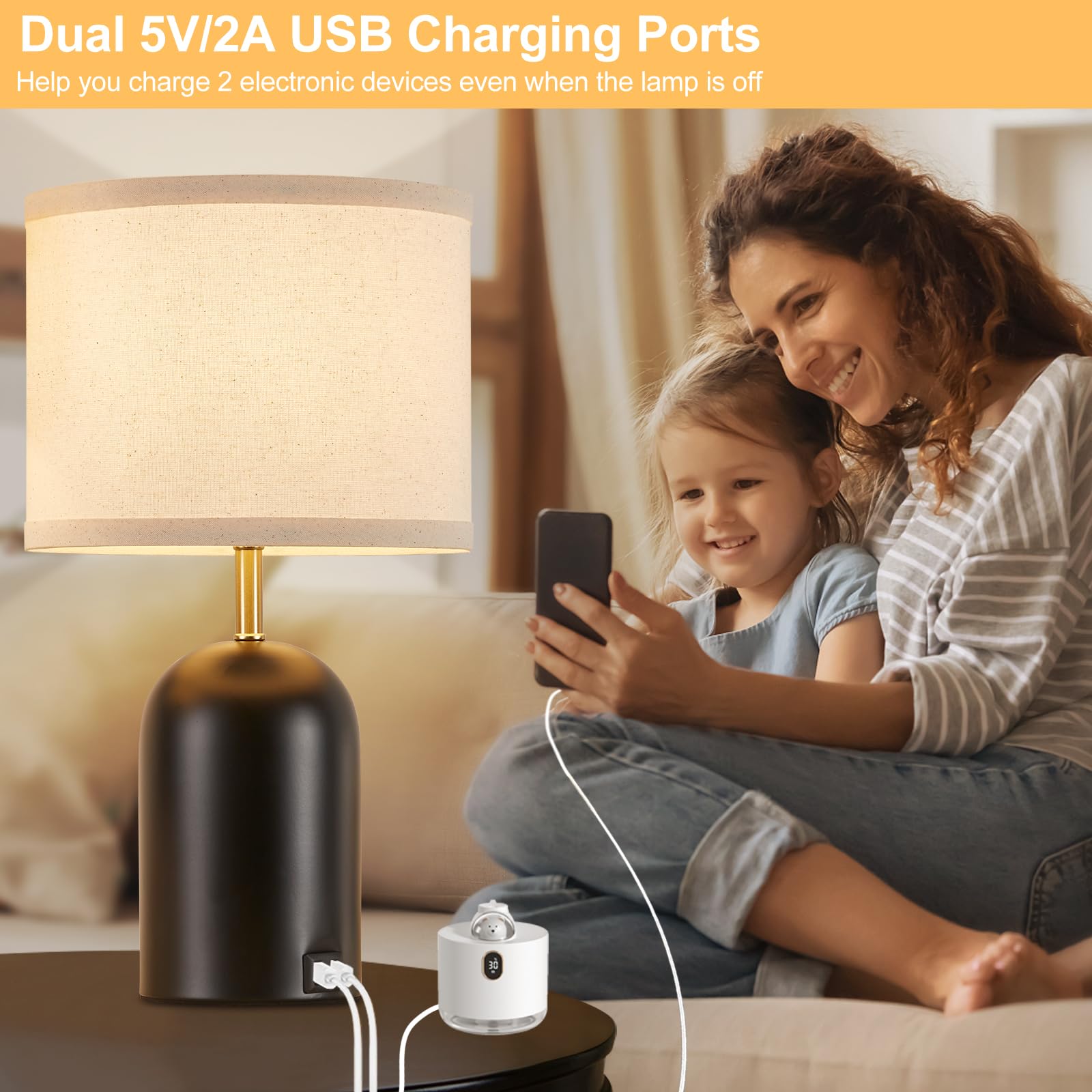 GyroVu Touch Control Table Lamps Set of 2, 18" Gold & Black, 3-Way Dimmable with USB Ports, Fabric Shade, LED Bulbs Included