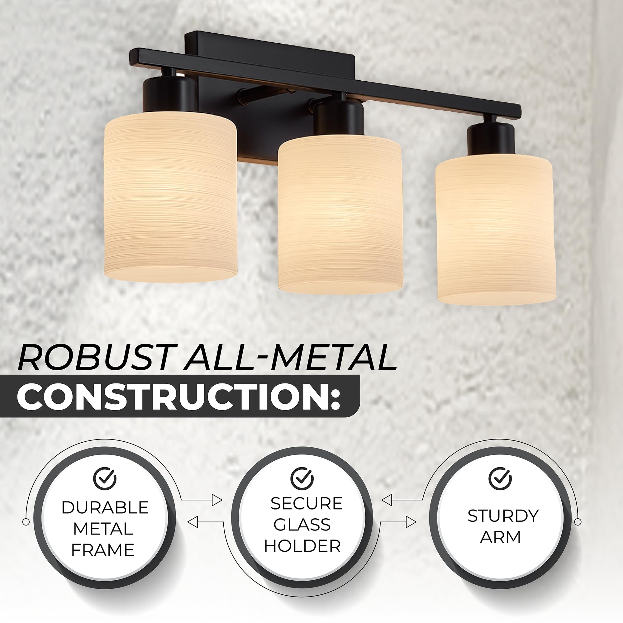 The Door Bull Modern Bathroom Vanity Light, Matte Black, 3 Lights, Milky White Glass Shades, E26 Socket, VNT-1000
