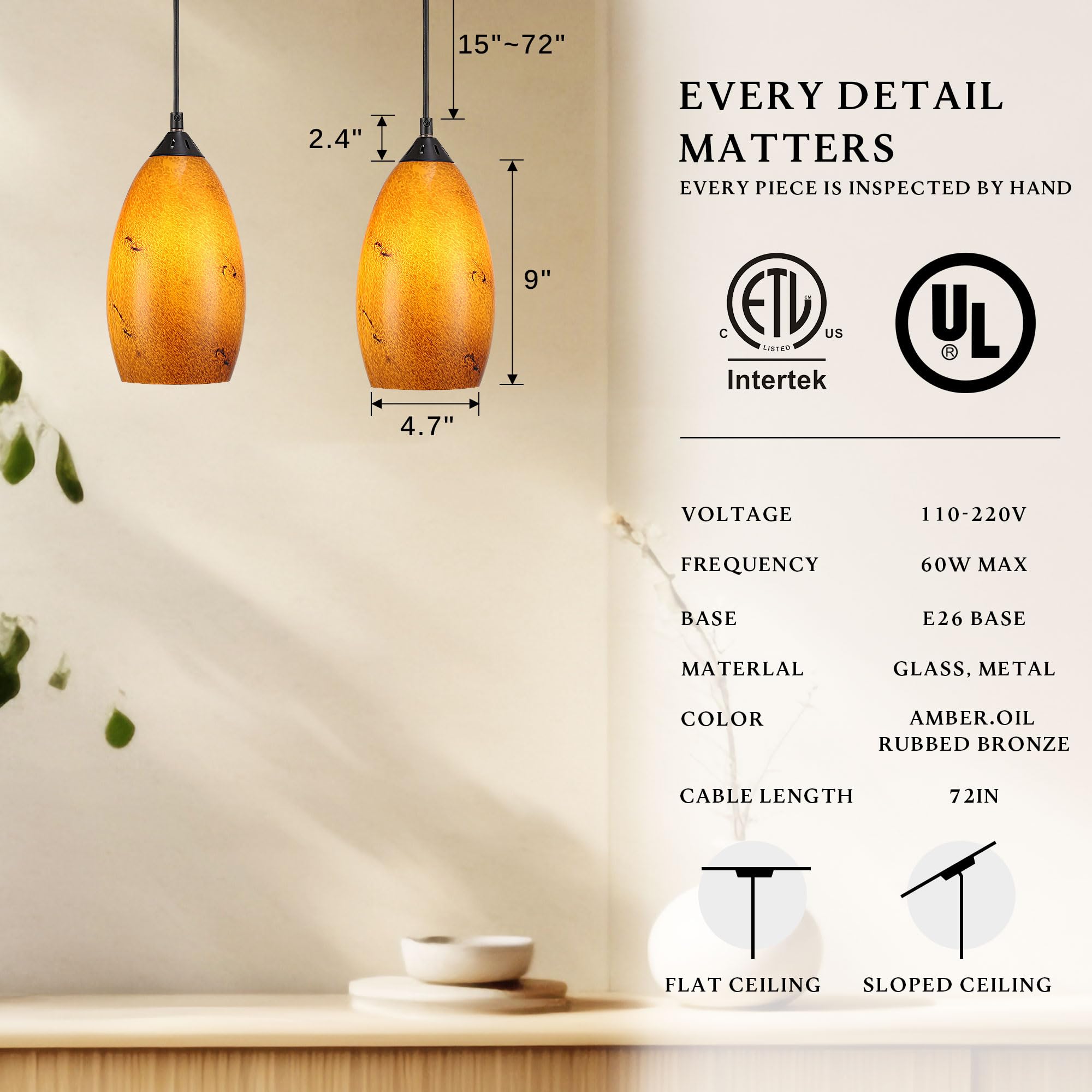 LUXWELL Pendant Lighting, Modern Handblown Amber Color Glass, Oval Art Shade Hanging Light, Oil Rubbed Bronze Finish for Kitchen