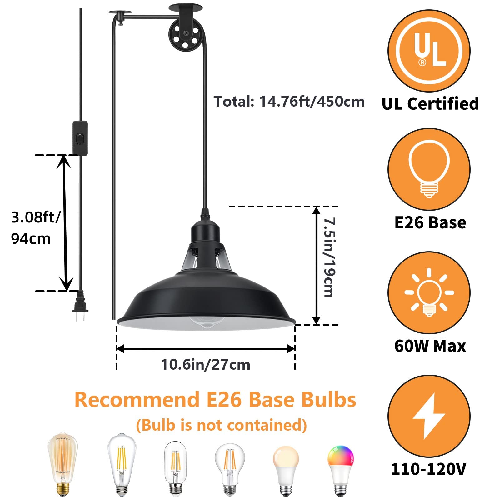 Lomoky Plug-in Pendant Light, Black Barn Hanging Lamp, 2 Pack, 14.76ft Cord, Adjustable Pulley, Iron for Kitchen/Bedroom/Restaurant
