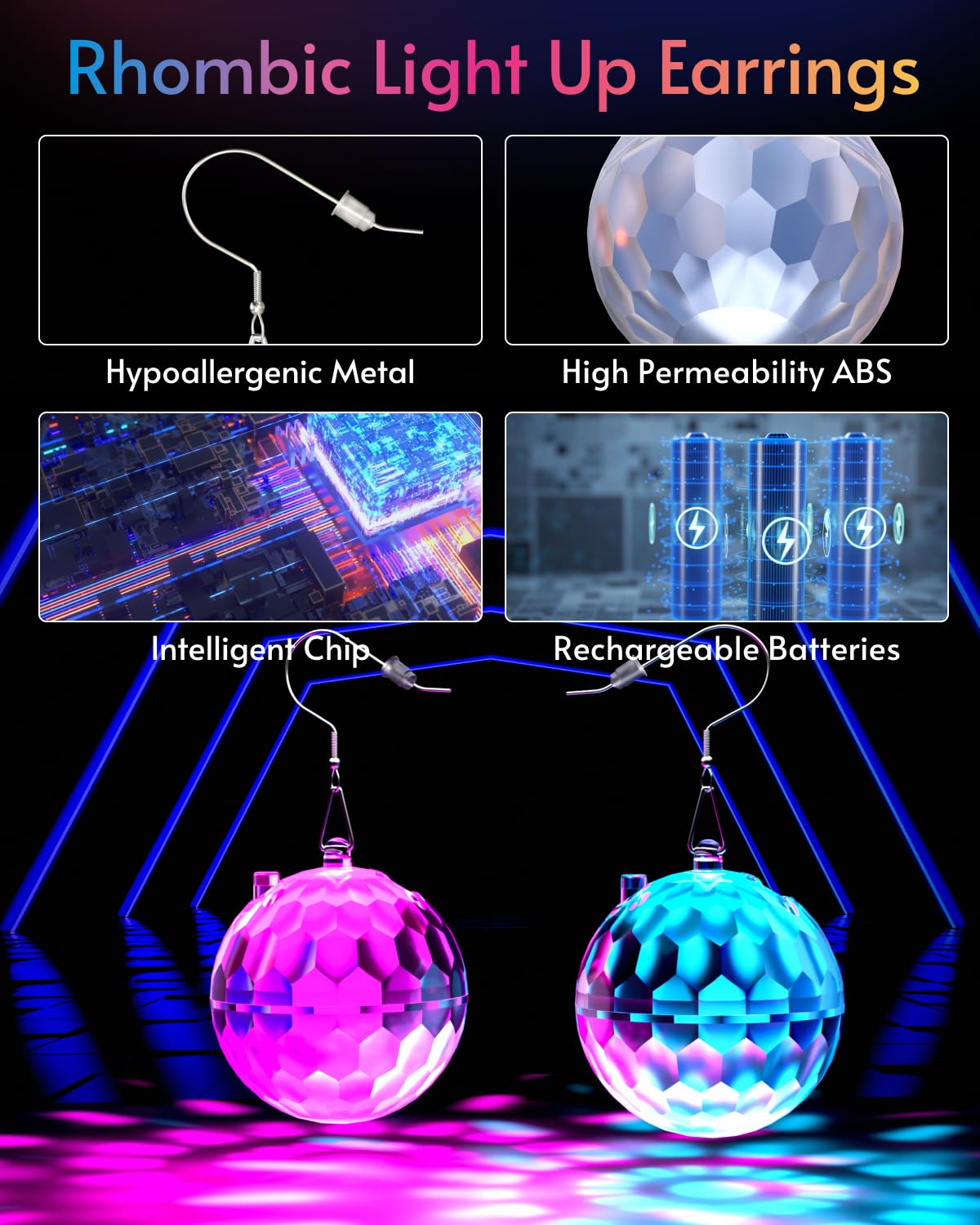 PUFIER Light Up Earrings Rhombic Disco Ball Rechargeable 60s 70s 80s Multi-colored Small Model DEB-L