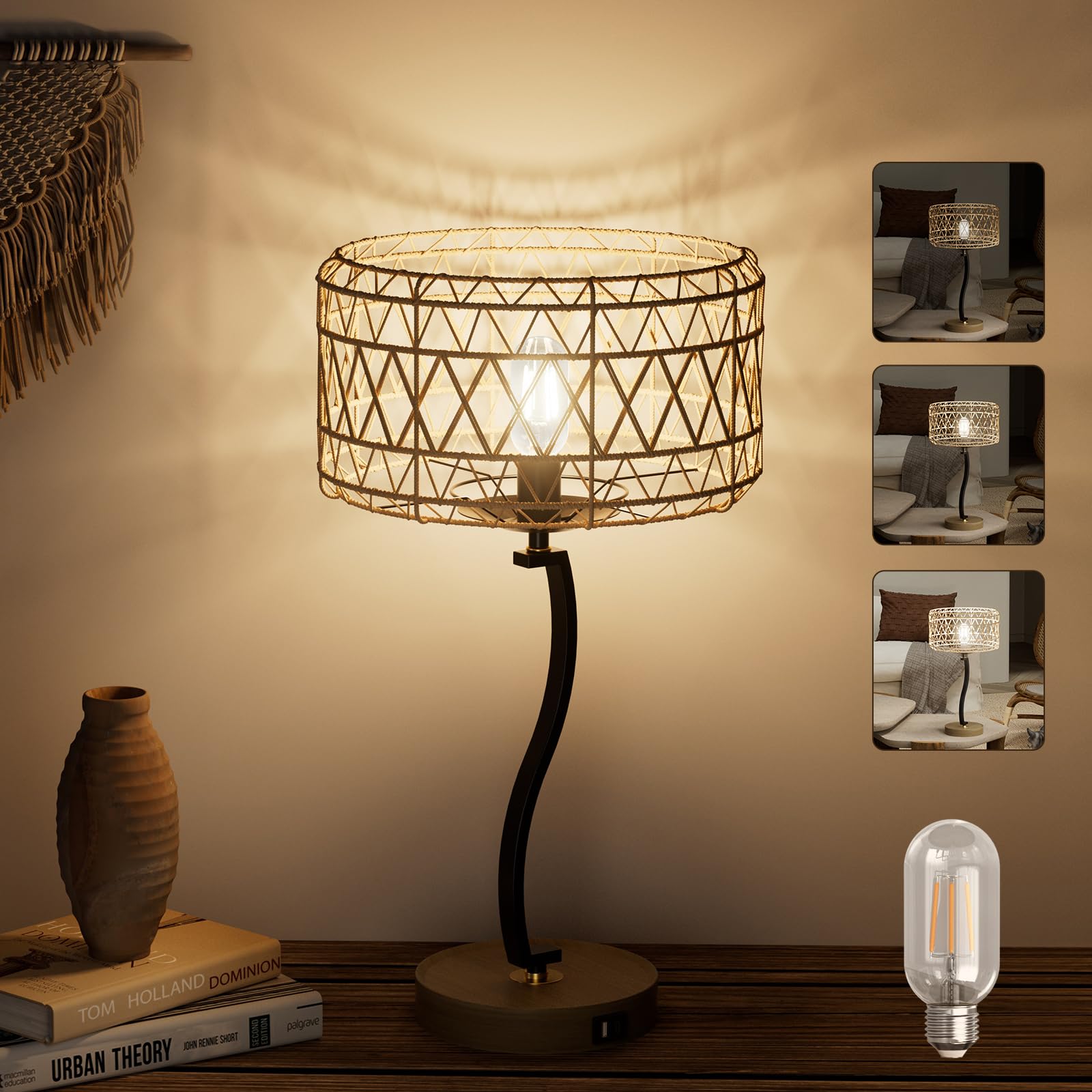HYMELA N11-2 Large Rattan Boho Table Lamp, 23 Bohemian Decor Light with USB-A & Type-C Charging Ports, Touch Control 3-Way Dimma