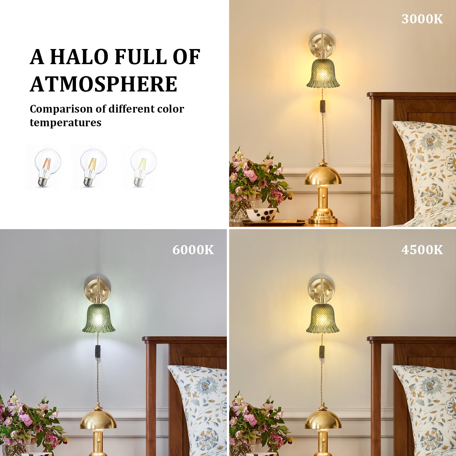 Shenmoyl Wall Sconce Set of 2, Vintage Gold Indoor Lamp, Green Diamond Flower Glass Shade, 2 Light Plug in, Model 1-93721-wlamp