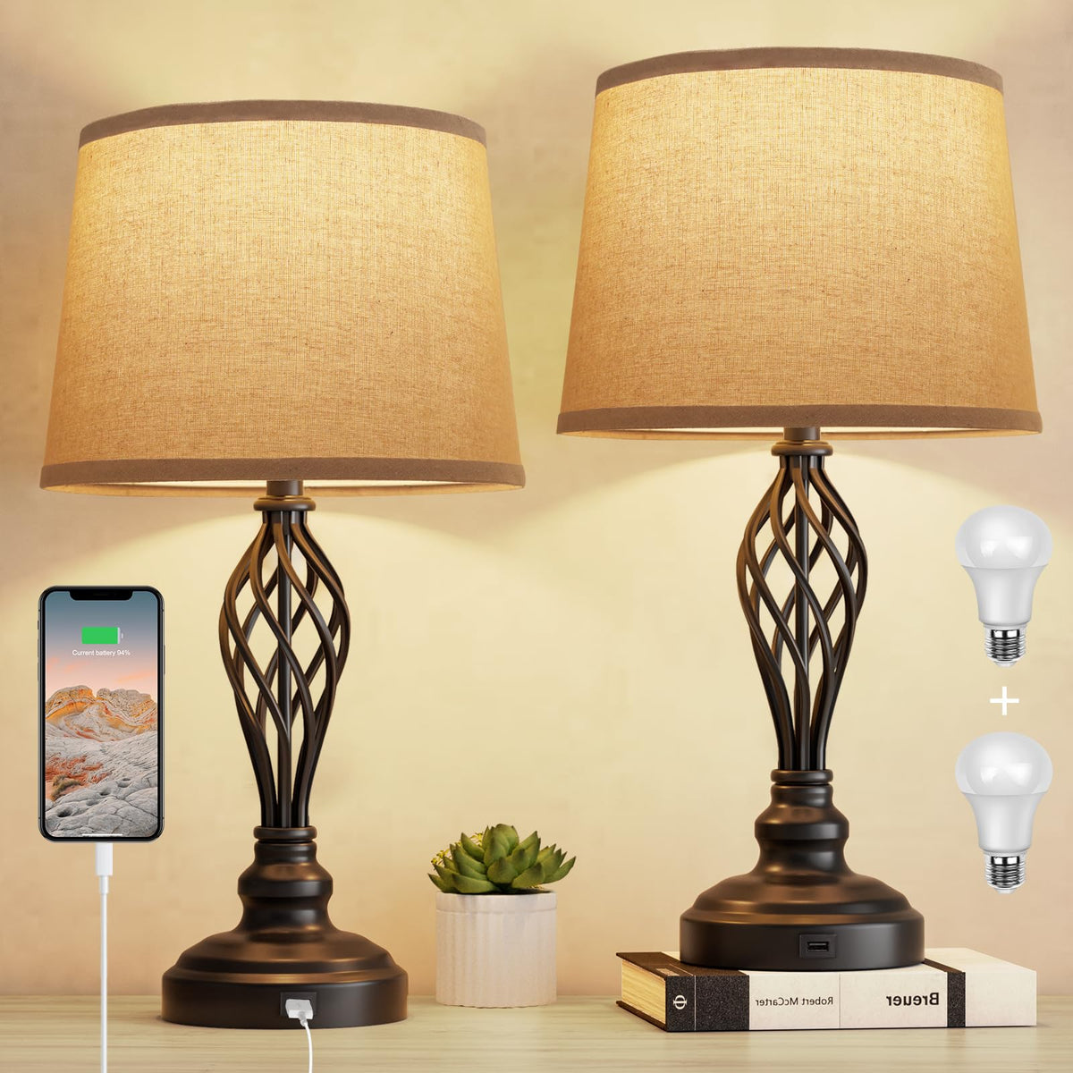 PARTPHONER Set of 2 Table Lamps with USB Port, Farmhouse Bedside Lamps with 3-Color Temperature, Nightstand Lamp Large Cream Dru