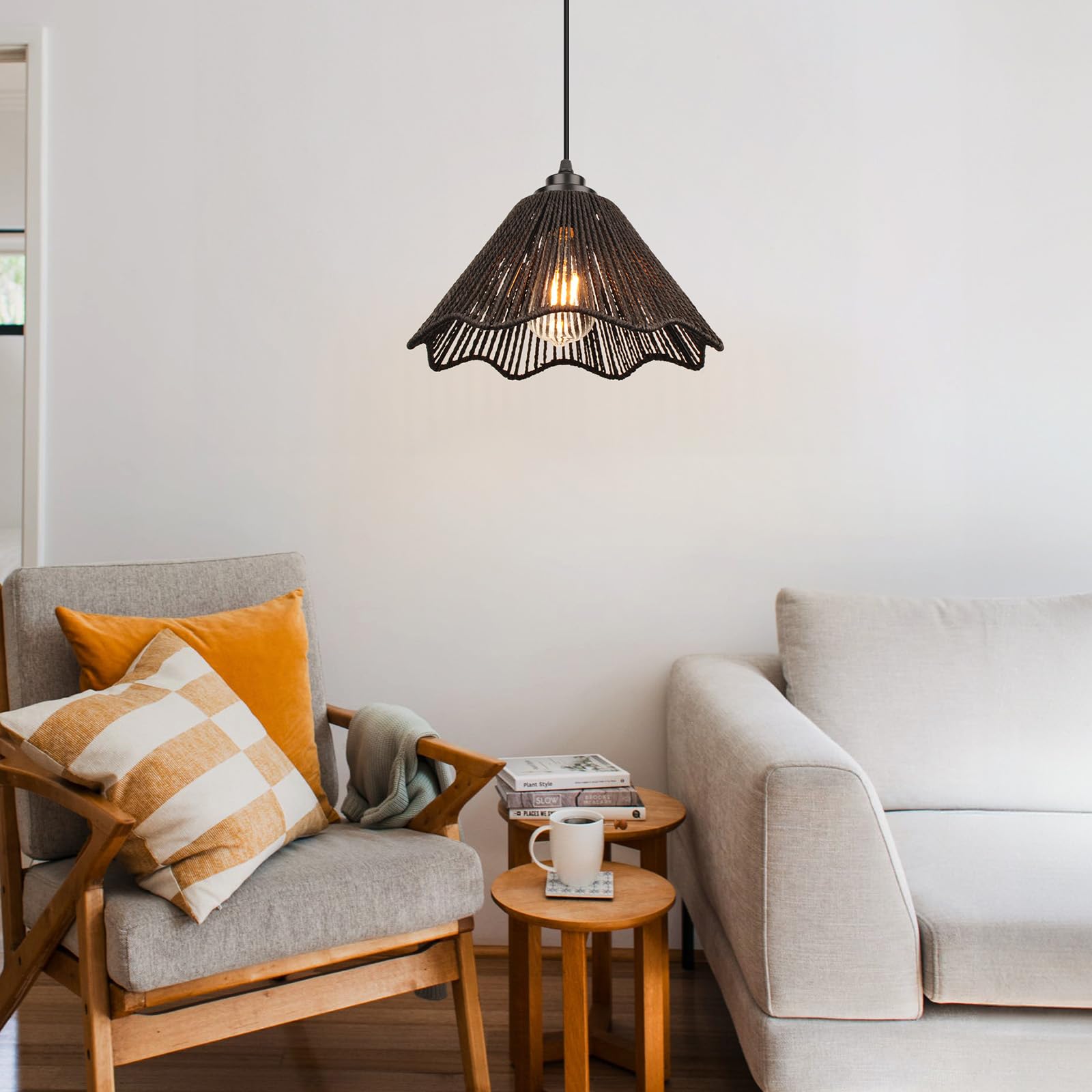 Tebio Rattan Plug In Pendant Light Set Of 2 (Bulbs Included), 12''X6'' Boho Hanging Lights With 13Ft Black Hemp Plug-In Cord, On