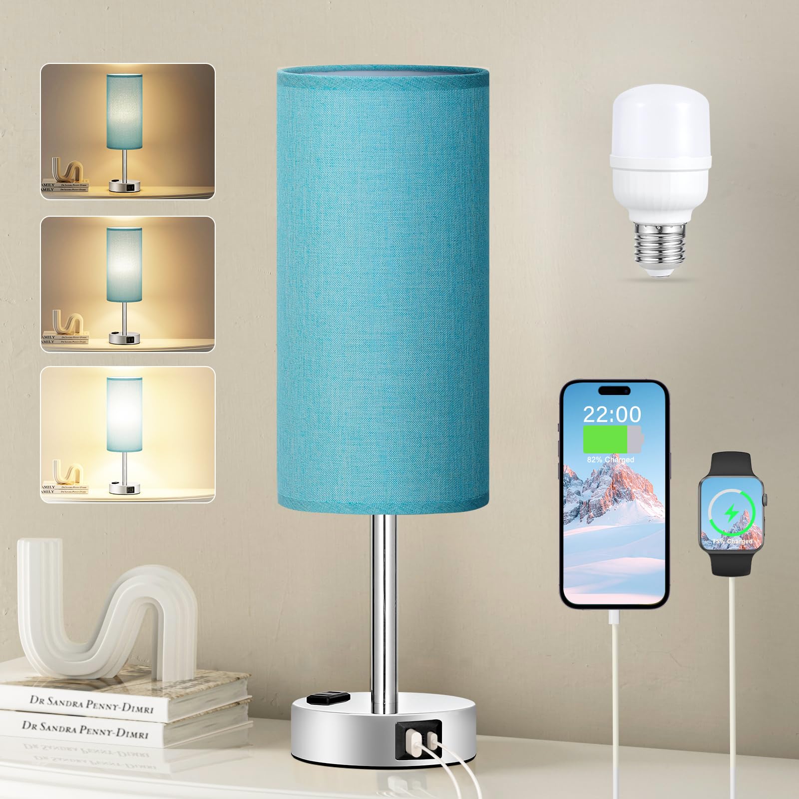 Fenmzee Turquoise Nightstand Table Lamp for Bedroom - 3 Way Dimmable Touch Lamp USB A and C Charging Ports and AC Outlet, Small 