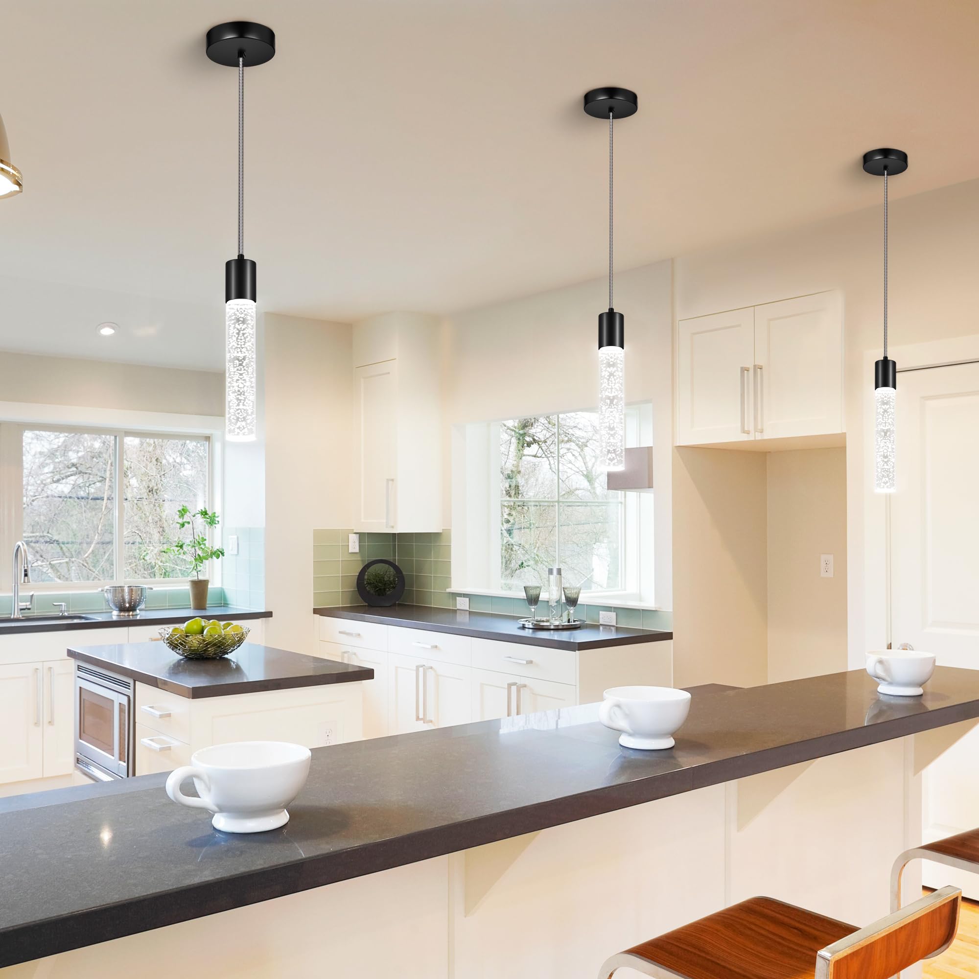 Esfos Kitchen Island Pendant Lights, 3 Pack Brushed Black Crystal Bubble, Integrated LED, Model L11-3-BK, 6500K