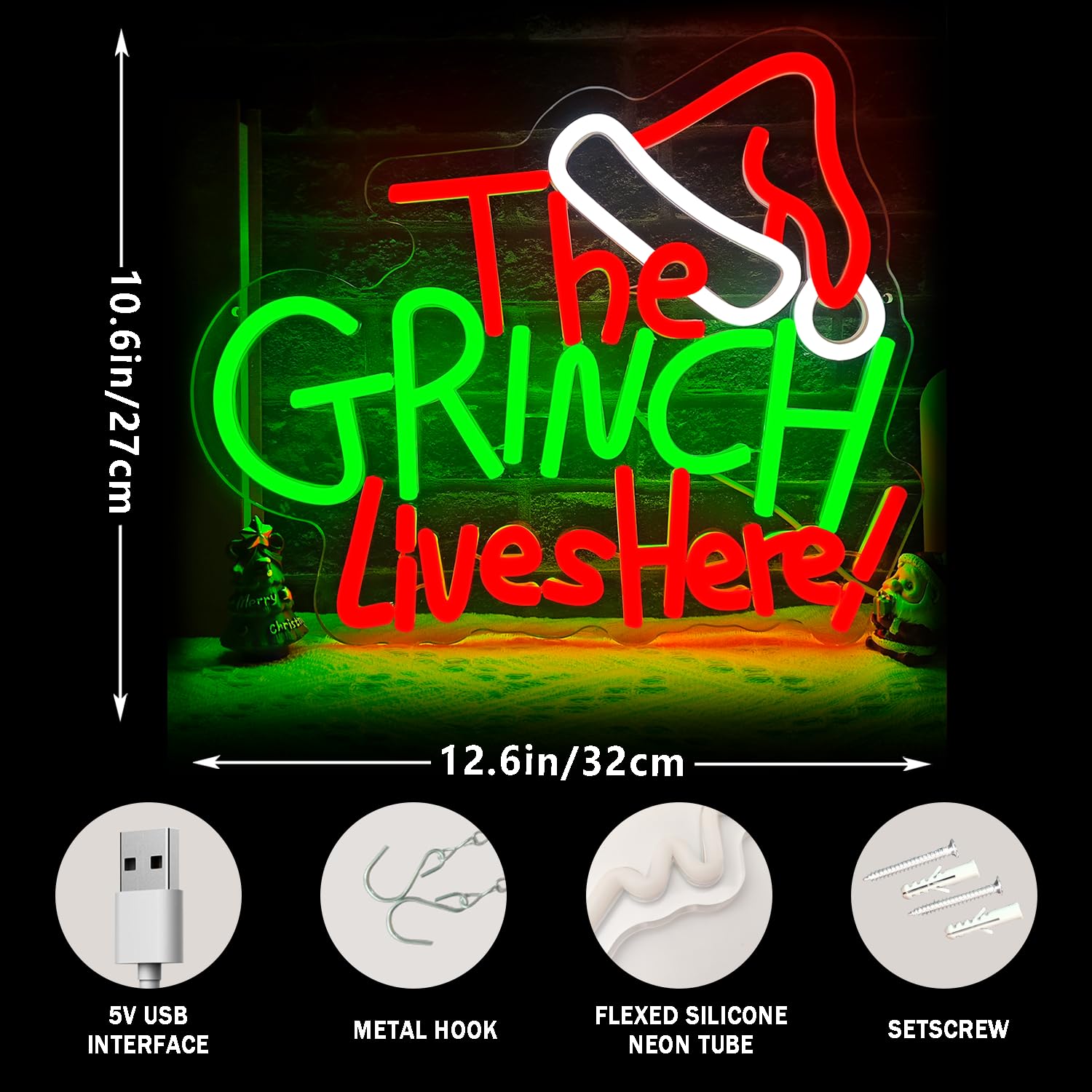 kzjspn Neon Light Sign - Christmas Cartoon Wall Decor, Plastic, Red/Green/White, Ideal for Home Party & Xmas Gift