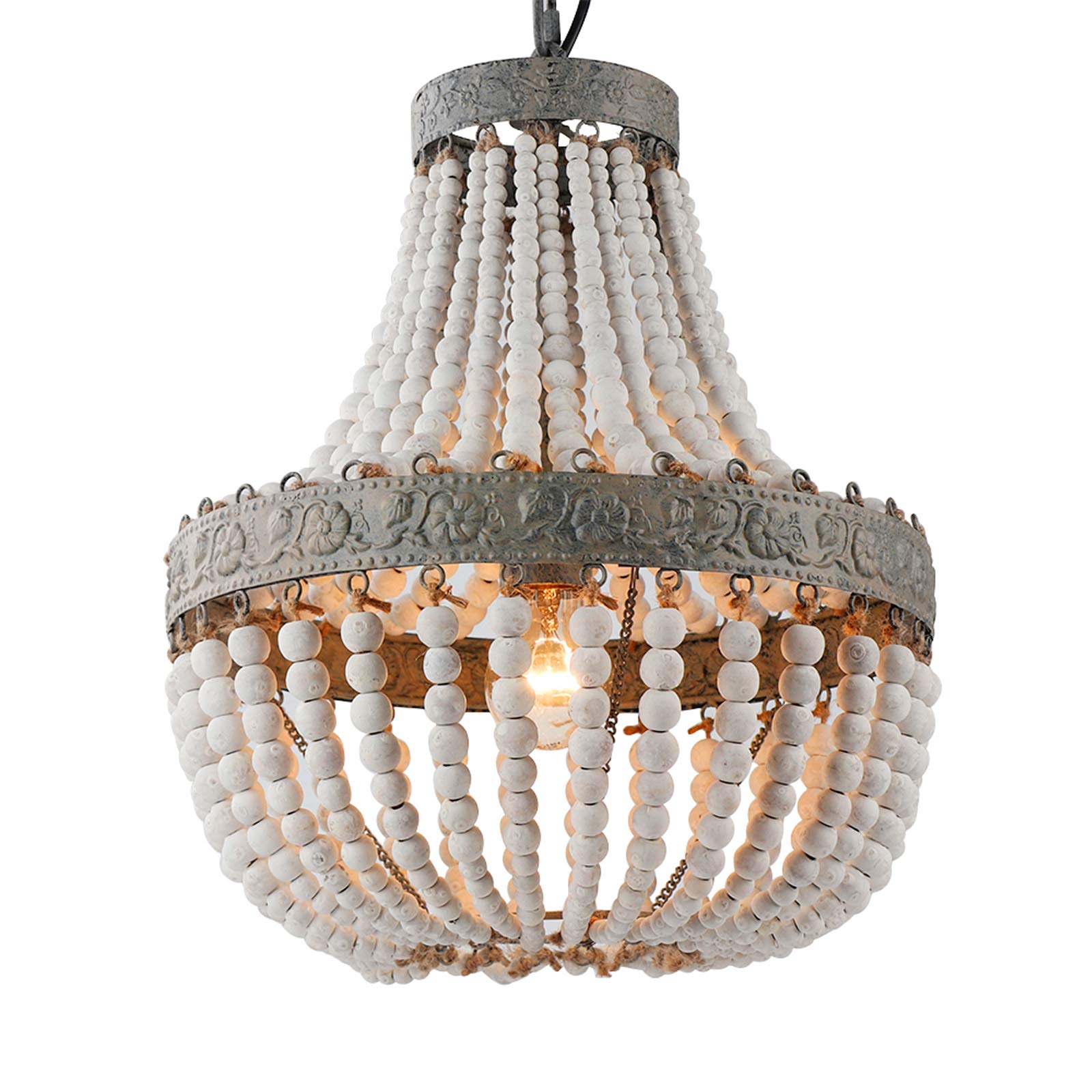 Newrays Wood Bead Chandelier Pendant Gray White Finishing Bohemian Boho Beachy Ceiling Lamp Light Fixtures for Bedroom, Island (