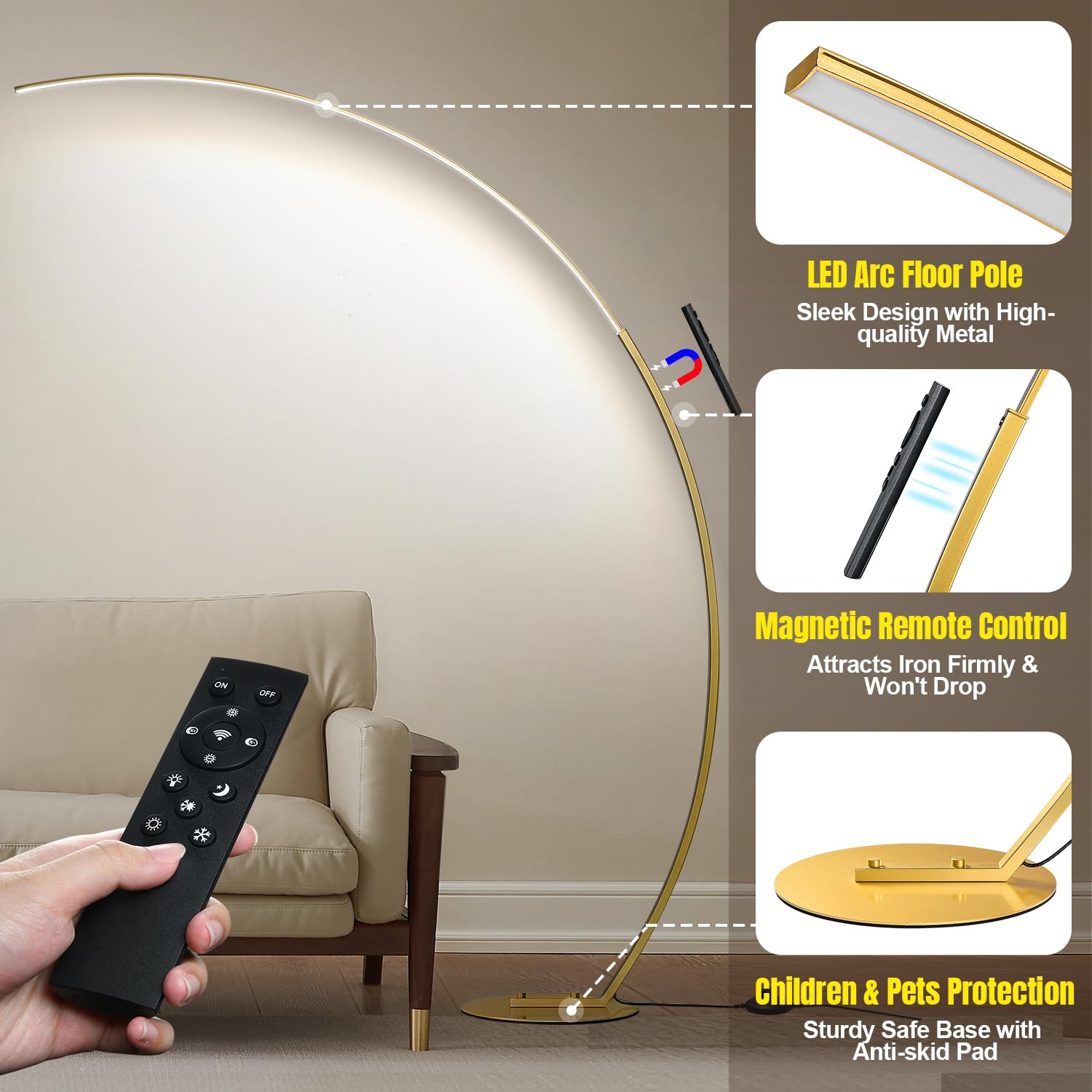 Torondo Dimmable Led Floor Lamp With 3 Color Temperatures, Ultra Bright 2000Lm Gold Arc Floor Lamp, Modern Standing Tall Lamp Wi