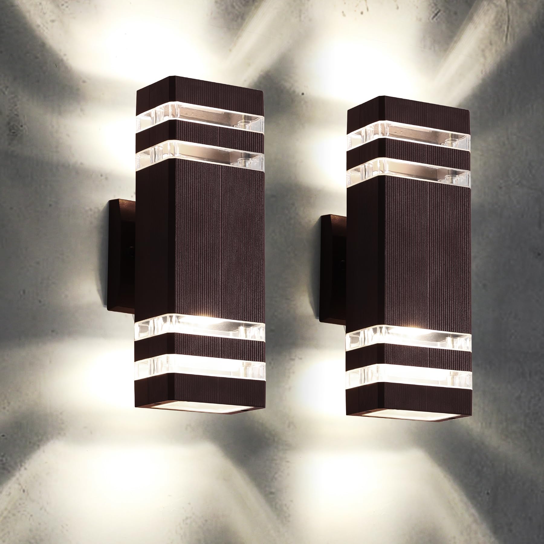 Tewei Modern Brown Outdoor Wall Lights, Waterproof Aluminum Up/Down Fixture, 2 Pack