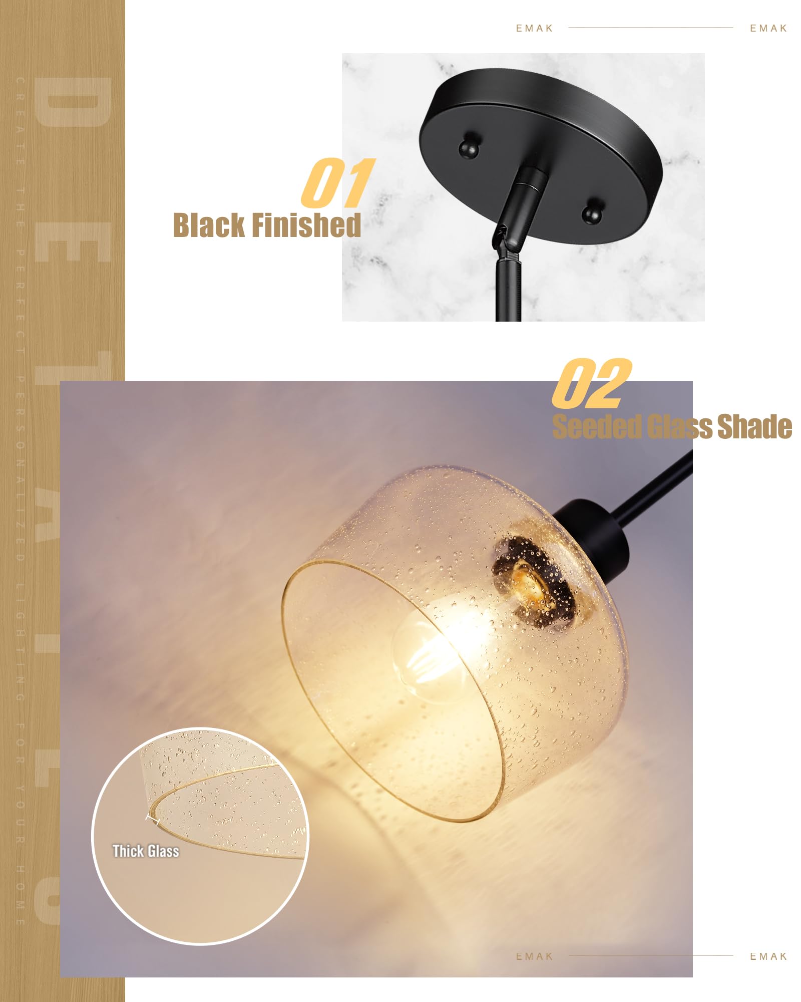 Emak Modern Farmhouse Pendant Lights Kitchen Island, Black Pendant Light Fixtures With Seeded Glass Shade, 8 Inch Hanging Lights